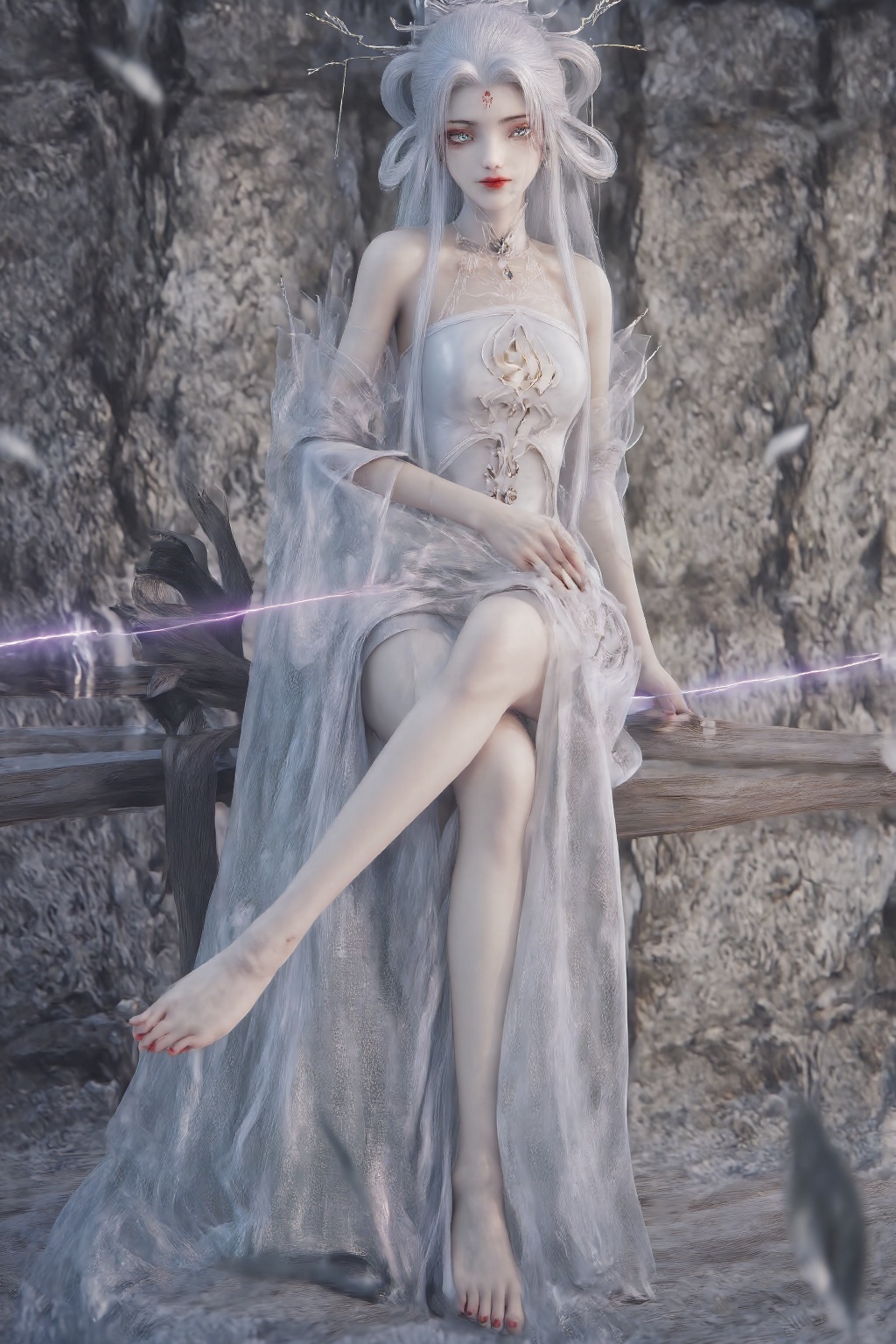 xb,woman,xb 1girl,barefoot,long hair,photoshop (medium),blue eyes,white hair,sfw,jewelry,bare shoulders,white dress,solo,bare legs,long dress,looking at viewer,red nails,bare arms,long fingernails,full body,bangs,toenail polish,nail polish,dress,parted lips,toes,white nails,fingernails,original,very long hair,barefoot sandals,sandals,female_solo,closed mouth,creating a serene,ethereal atmosphere.,
