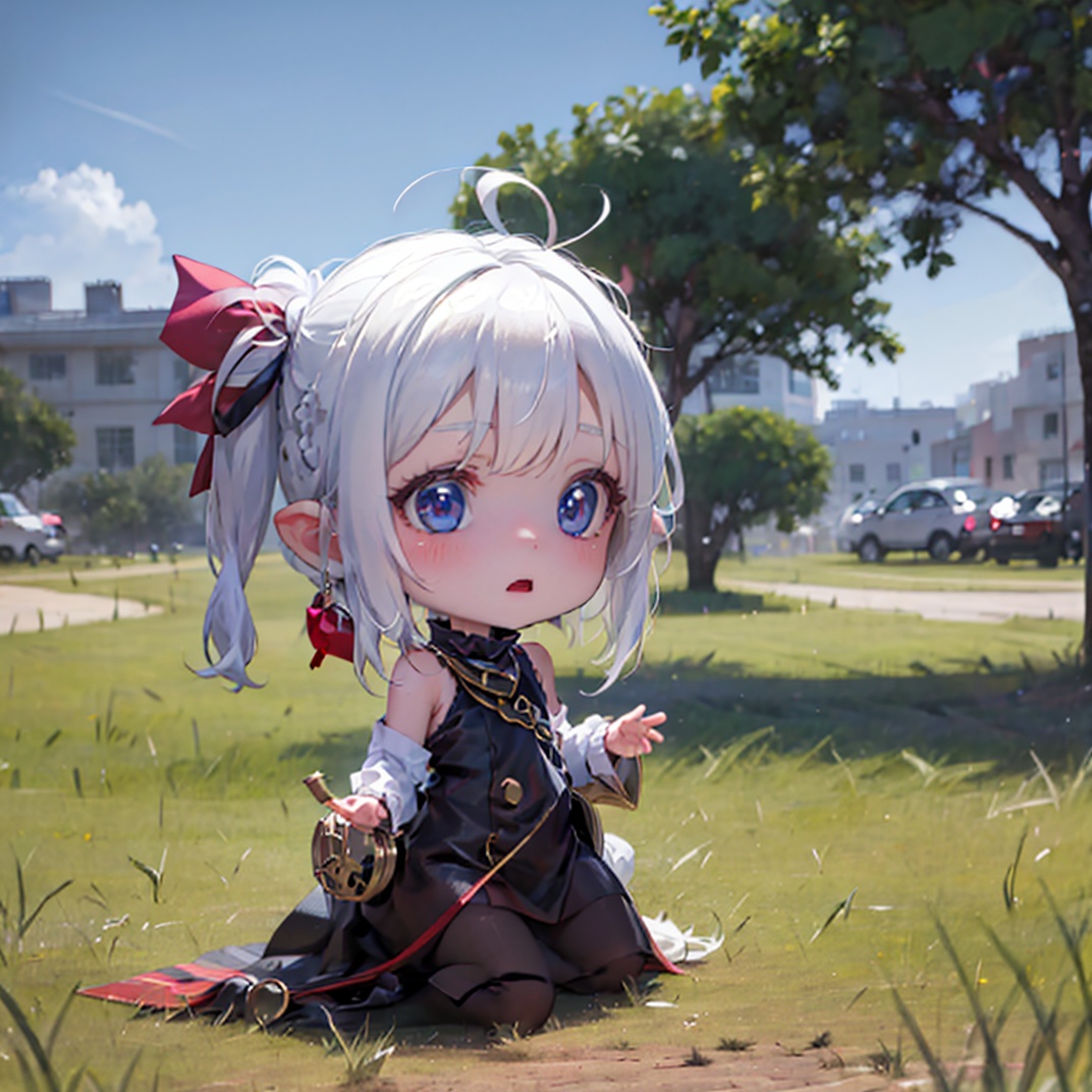 Big head doll,big head, small body, Mini Body,top-heavy,cute,Doll Body,Short hands, short feet,Short legs,(masterpiece:1.331), best quality,stitches,Big head doll, big head, small body, cute,Doll Body,Empty-handed,No items in hand,No object in front of you,1girl, 3d, ahoge, blue_dress, blue_hair, blur_censor, blurry, blurry_background, blurry_foreground, blush, bokeh, braid, chibi, christmas_tree, chromatic_aberration, dandelion, day, depth_of_field, dress, field, film_grain, flower, flower_field, focused, frilled_dress, garden, grass, hair_bow, motion_blur, on_grass, on_ground, outdoors, path, photo_\(medium\), photo_background, plant, rainbow, red_bow, red_ribbon, ribbon, tree, white_hair, yellow_flower