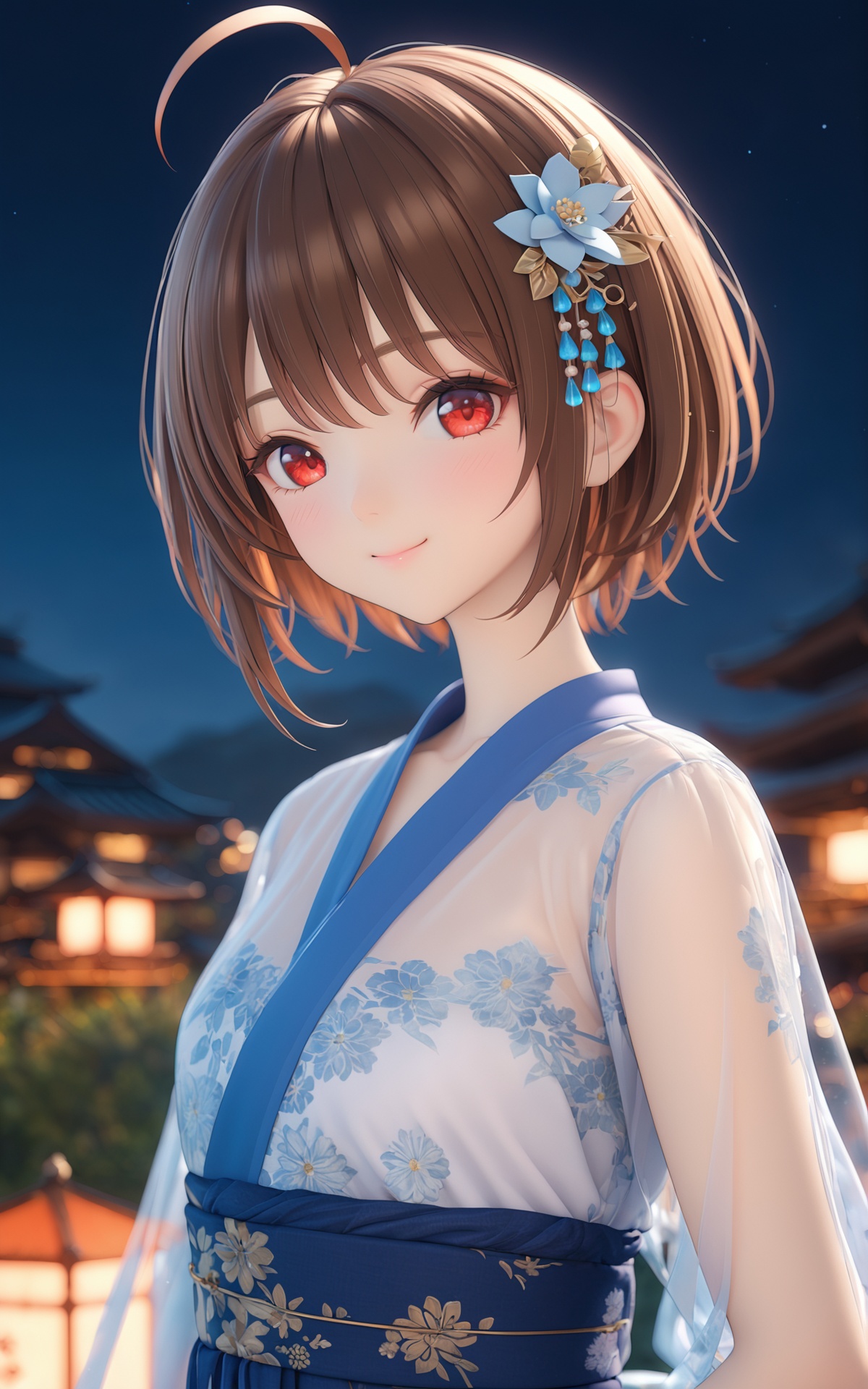 (masterpiece),(best quality),illustration,ultra detailed,hdr,Depth of field,(colorful),artist mmd,night,1girl,solo,red eyes,looking at viewer,hair ornament,short hair,upper body,brown hair,blurry,ahoge,bangs,see-through,depth of field,hanfu,smile,floral print,closed mouth,