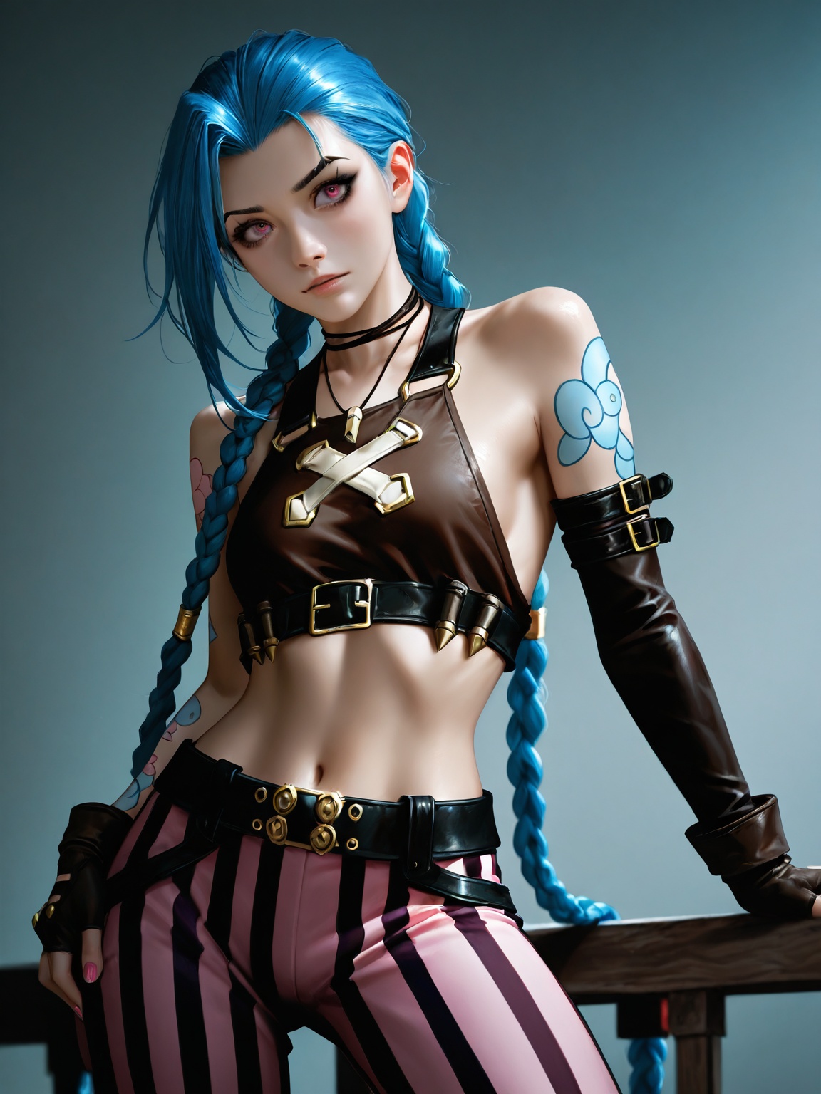realistic,2.5D,photorealistic,1girl,jinx,solo,dark,masterpiece,best quality,very aesthetic,1girl,blue hair,jinx outfit,two braids,striped pants,pants,brown crop top,gloves,blue and pink nails,black belt,black boots,necklace,twins braids,bare shoulder,fingerless gloves,single elbow glove,tattoo,arcane art style,long hair,black eyeliner,black eyebrow,long hair,striped pants,solo,braid,crop top,very long hair,blue hair,asymmetrical braids,striped,arm tattoo,