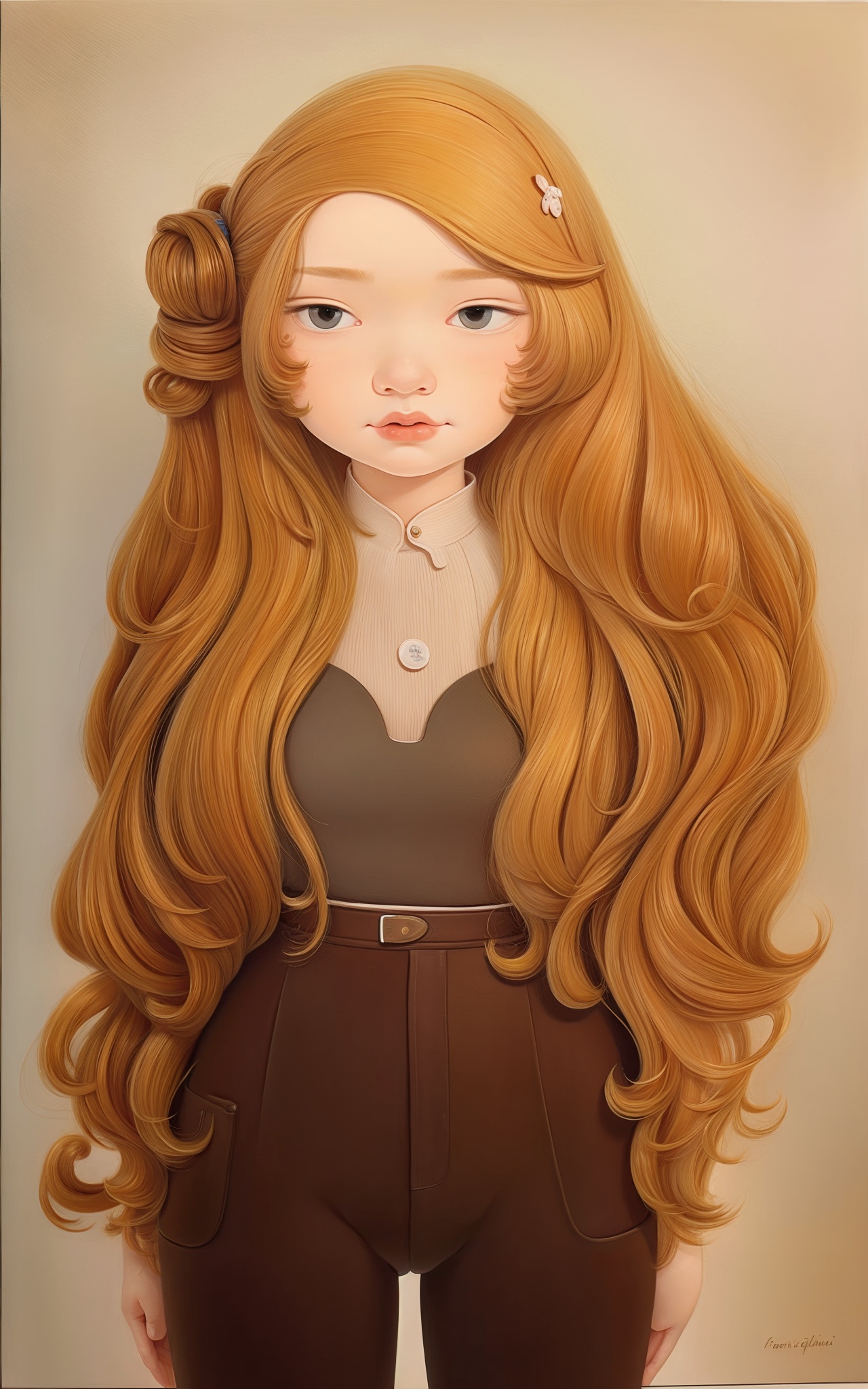 a painting,Oval body,Long golden blonde layered curls hairstyle,Frosted Apricot AlmondTie-front blouse and high-waisted trousers,Dramatic cliffs overlooking the ocean,Futuristic dystopian city viewpoint featuring quantum computing centers,Gently rounded square faceFearful facial expression,dynamic attitude,