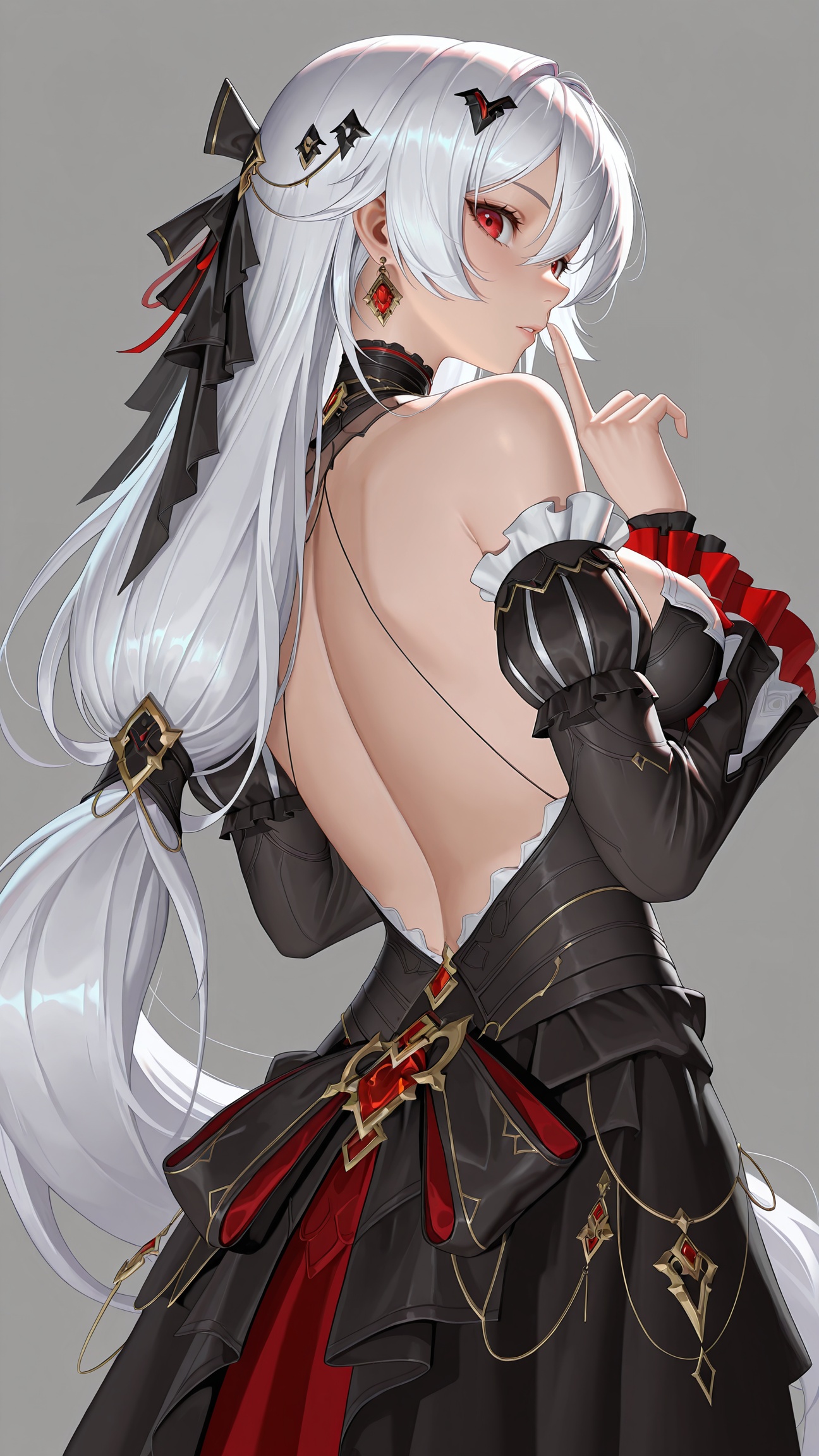 masterpiece,best quality,amazing quality,<lora:dayuexia:0.9>,dayuexia,long hair,1girl,red eyes,white hair,breasts,solo,<lora:20250808-1754650692631:0.8>,zhigan3d,dayuexia,1girl,solo,red eyes,white hair,long hair,looking at viewer,dress,earrings,jewelry,hair ornament,black dress,bare shoulders,simple background,long sleeves,grey background,hair between eyes,detached sleeves,looking back,back,index finger raised,