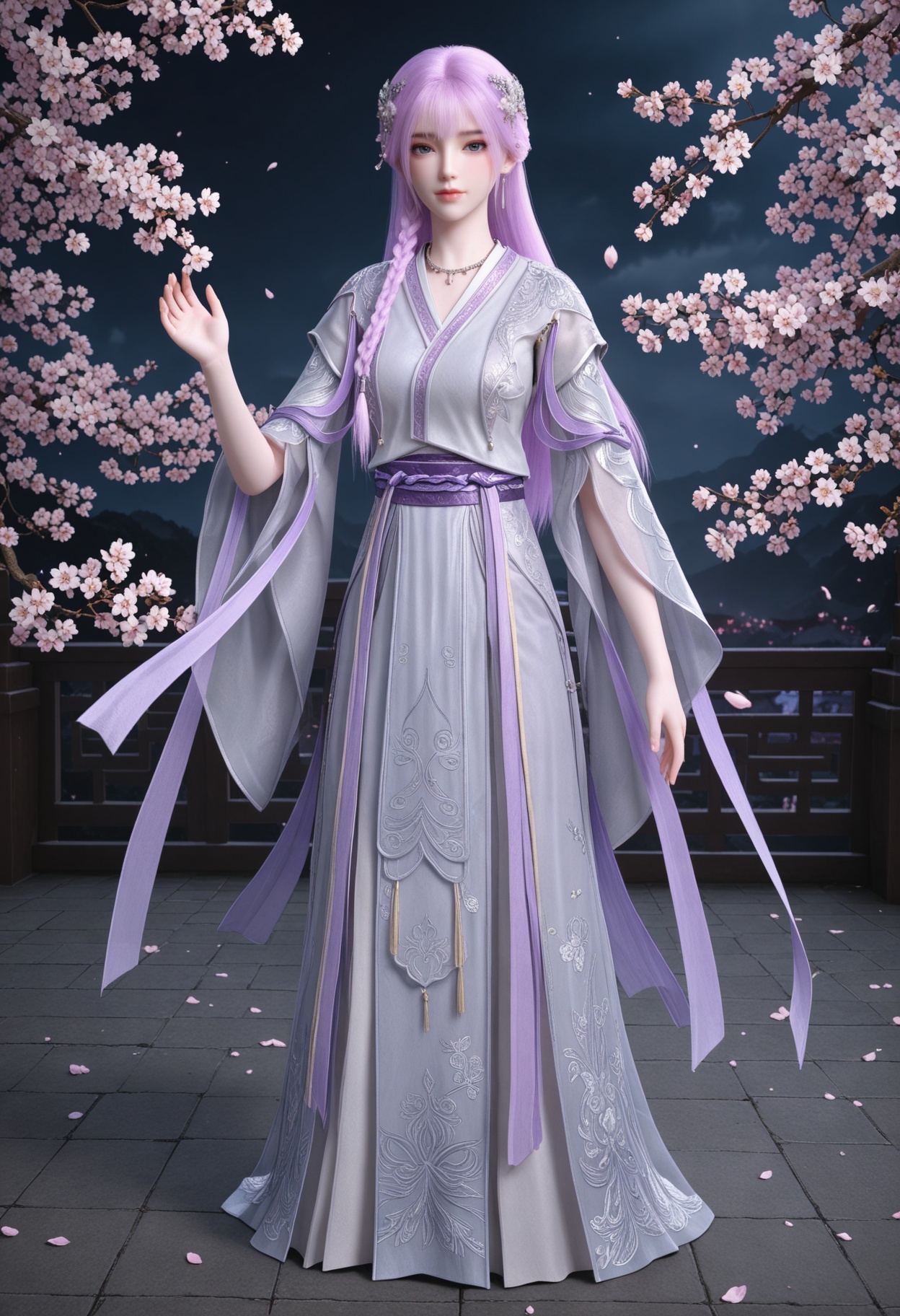 (standing full_body:1.1),(looking at viewer:1.1),masterpiece,(best quality),smog,Dark room,dim lighting,peach blossom,falling petals,<lora:YQ_Illustrious光辉v5_天穹_少女_V1:0.8>,q1528437228,1girl,solo,long hair,purple hair,jewelry,hair ornament,earrings,braid,necklace,dress,hair flower,blue eyes,pink hair,chinese clothes,green eyes,side braid,grey eyes,japanese clothes,wide sleeves,long sleeves,sash,robe,