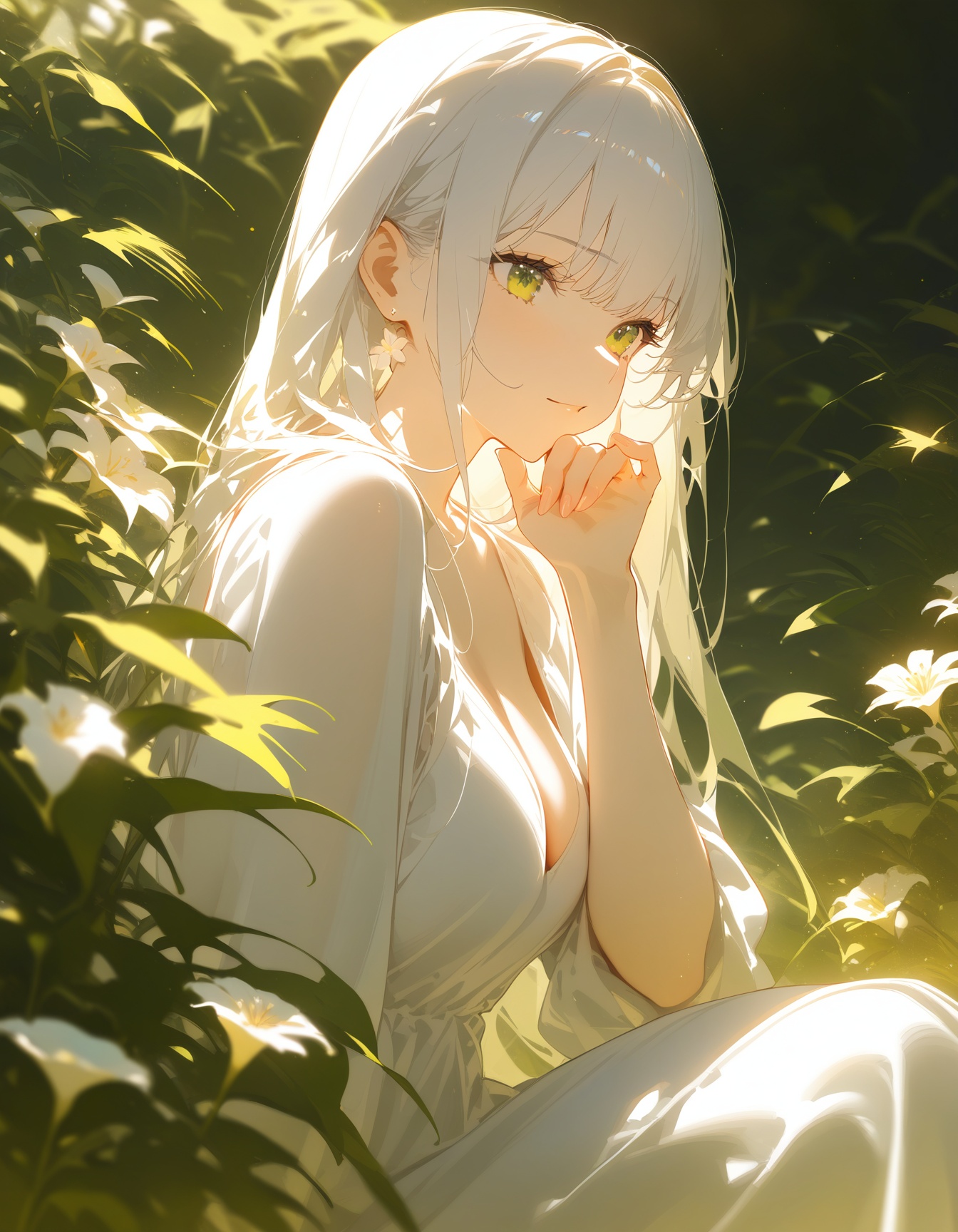 (masterpiece, best quality),1girl with long white hair sitting in a field of green plants and flowers,her hand under her chin,warm lighting,white dress,blurry foreground.,