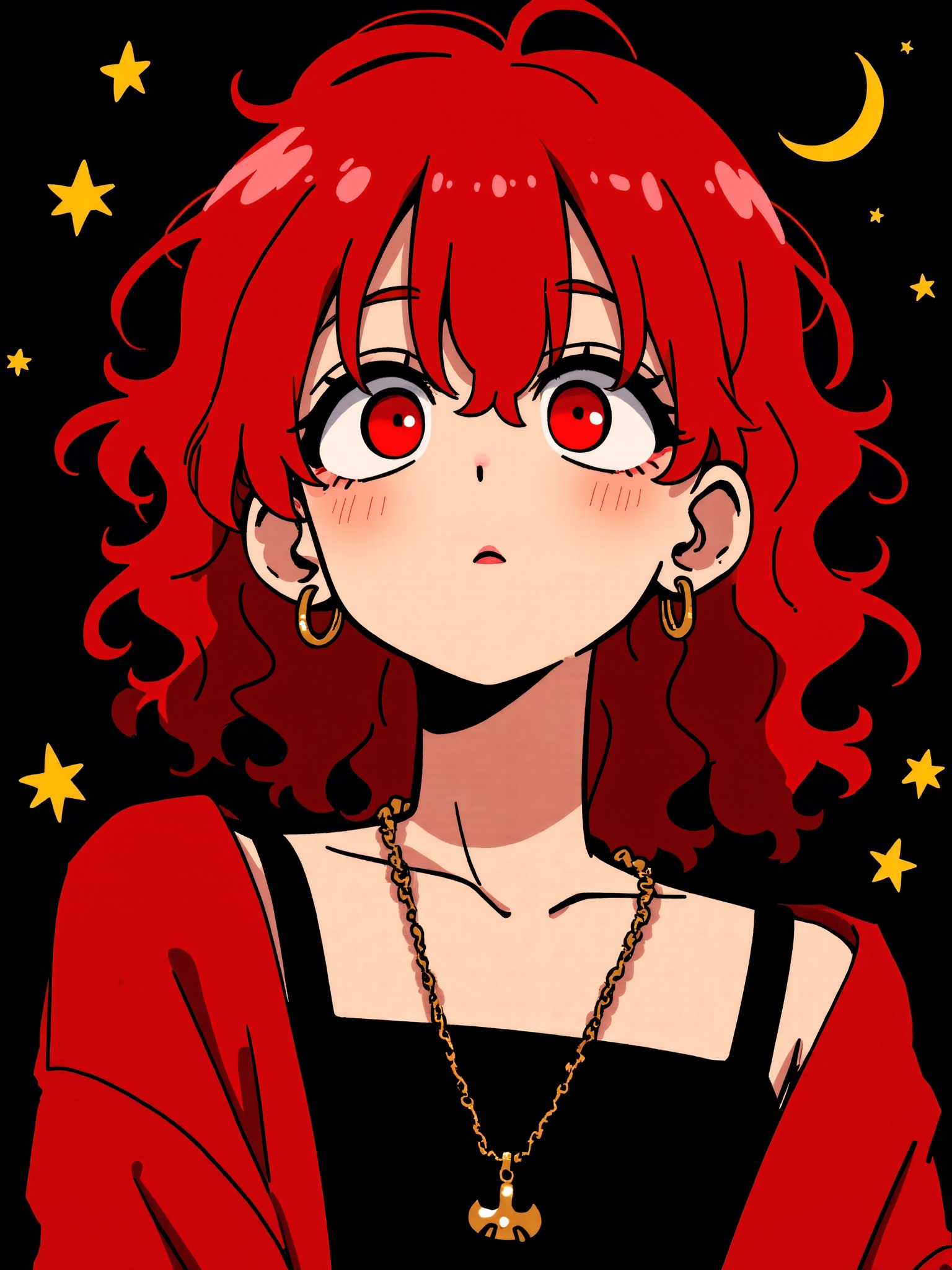 <lora:动漫头122:0.8>,anime style,a red-haired female with curly hair   wearing earrings and a necklace. Her eyes are red and appear deep. She is dressed in a red coat over a black top. The background features a night sky with stars and the moon.,
