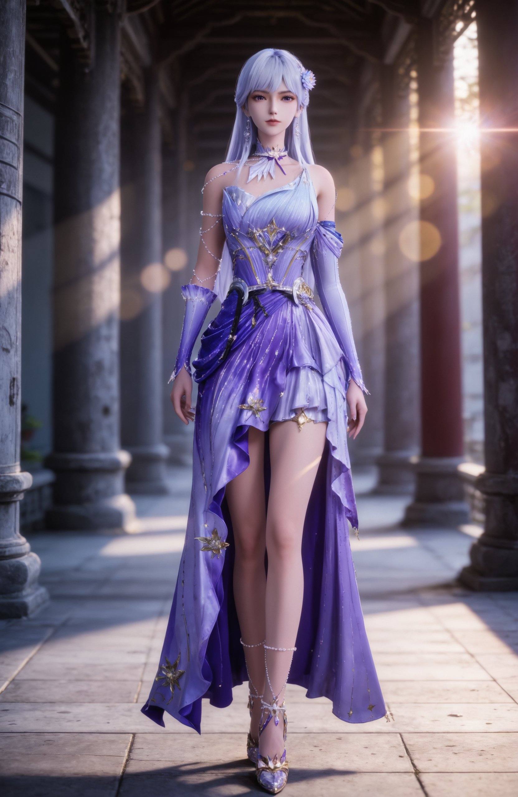 <lora:神印王座-圣采儿-190Pony:0.7> 1girl, long hair, hair ornament, white hair, purple eyes, hair flower, purple dress, detached sleeves, high heels, realistic style,white background,upper body,looking at viewer,dynamic posture,, realistic style photo,outstanding style,adding a touch of dimension to your images without compromising details,whirls of vapor,(Anime:1.1),ethereal ambiance,delicate details,magical atmosphere,concept art,highly detailed,ultra-high resolution,32K UHD,sharp focus,best-quality,masterpiece,golden hour,unconventional supreme masterpiece,masterful details,temperate atmosphere,with a high-end texture,in the style of fashion photography,magazine style,Dynamic Angle,Dynamic posture,magazine style,Dynamic Angle,Dynamic posture,(cowboy_shot:1.2),eye trail,depth of field,cinematic lighting,lens flare,extreme aesthetic,(wlop:0.6),(honjou raita,lack,rella,wanke:0.5),masterpiece,best quality,good quality,newest,year 2025,very aesthetic,absurdres,Visual impact,A shot with tension,ultra-high resolution,32K UHD,sharp focus,best-quality,masterpiece,Emotionalization,unconventional supreme masterpiece,masterful details,temperate atmosphere,with a high-end texture,in the style of fashion photography,(Visual impact:1.2),giving the poster a dynamic and visually striking appearance,