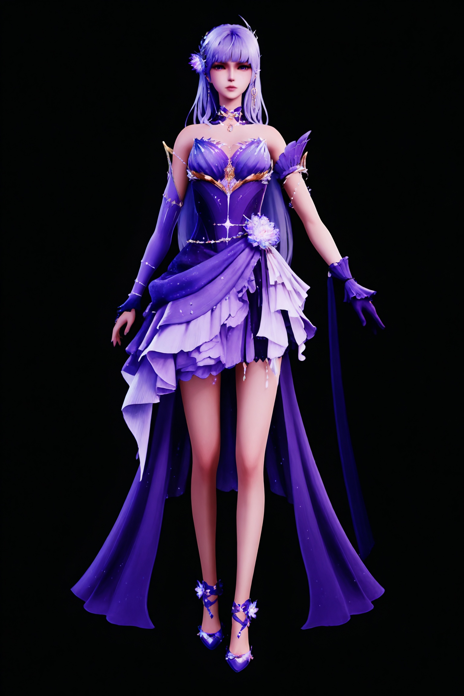 black background,standing,looking at viewer,1girl,sce\(sywz\),purple hair,hair ornament,blunt bangs,long hair,hair flower,purple eyes,purple collar,earrings,detached collar,bare shoulders,purple dress,detached sleeves,strapless,purple sleeves,asymmetrical gloves,single detached sleeve,purple footwear,