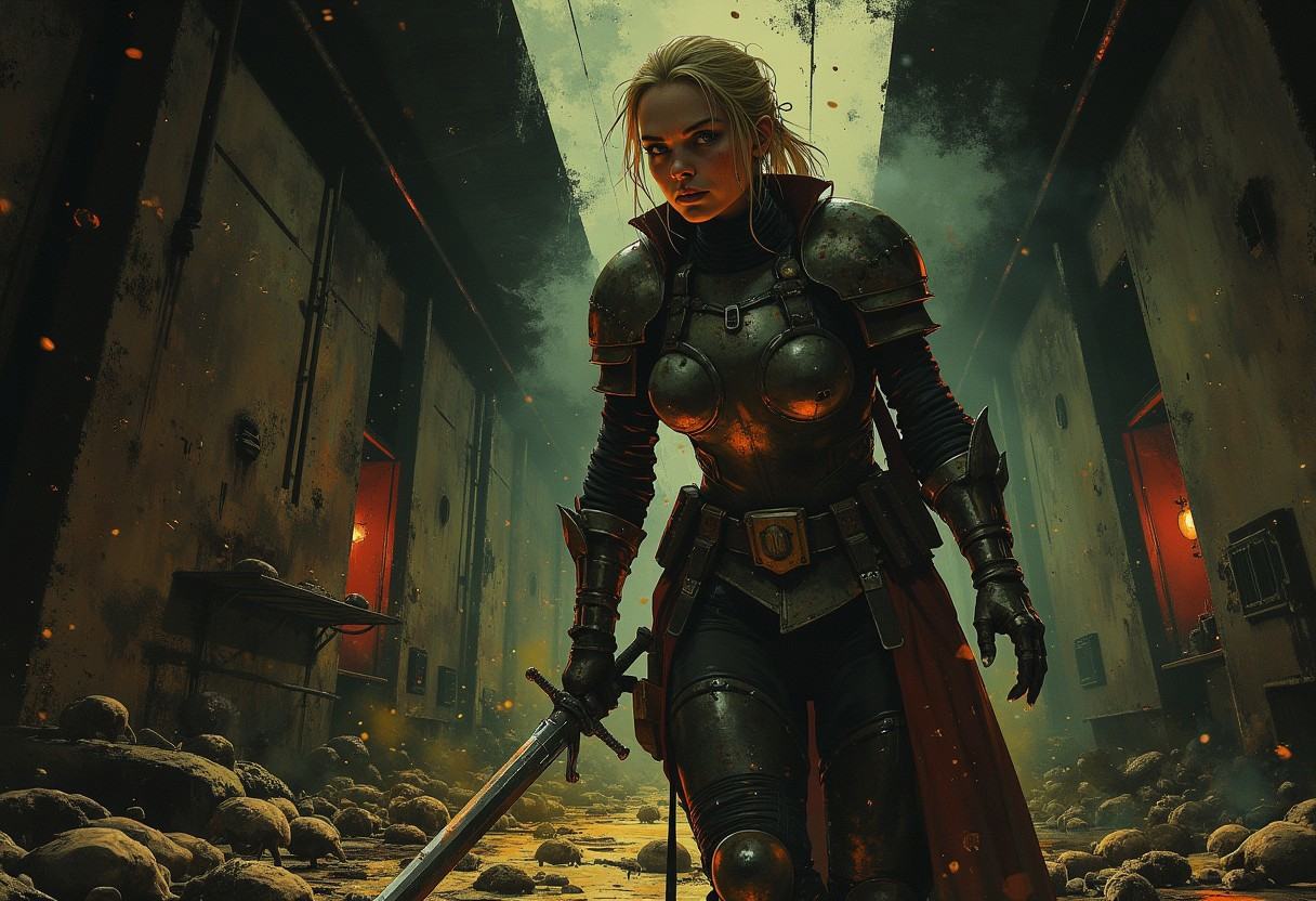 An incredible and realistic low fantasy image depicting a middle aged female knight navigating a sewer. The scene is shot...