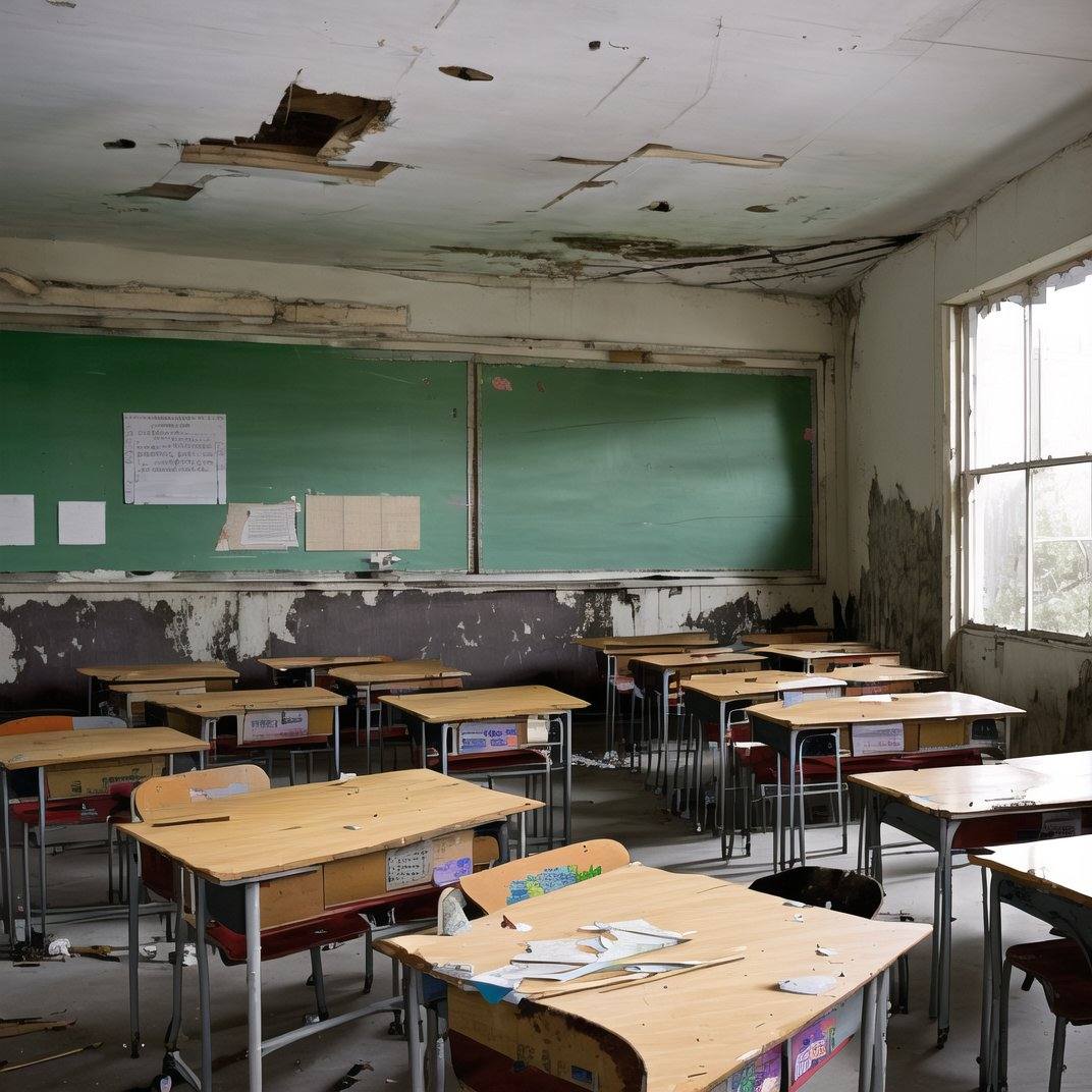 liminalspaces,  A dilapidated schoolhouse,  its classrooms filled with overturned desks and broken chalkboards on Tensor.Art