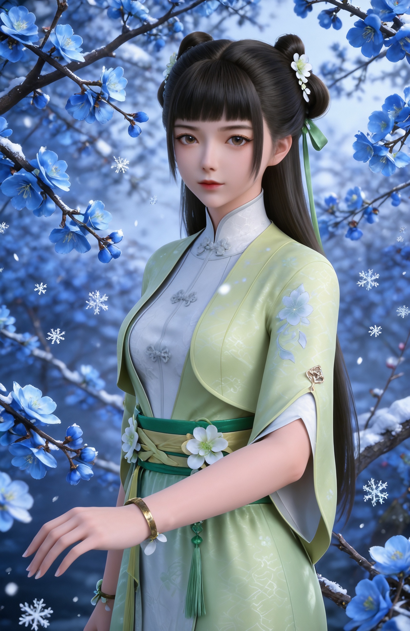 <lora:逆天邪神-萧泠汐Pony:0.7> 1girl, long hair, hair bun,double bun, black hair, hair flower, hair rings, brown eyes,, chinese clothes, green dress,white dress, , bracelet, sash,white socks, green footwear,, solo,  upper body, blue flower, looking at viewer, snowflakes, closed mouth, branch,