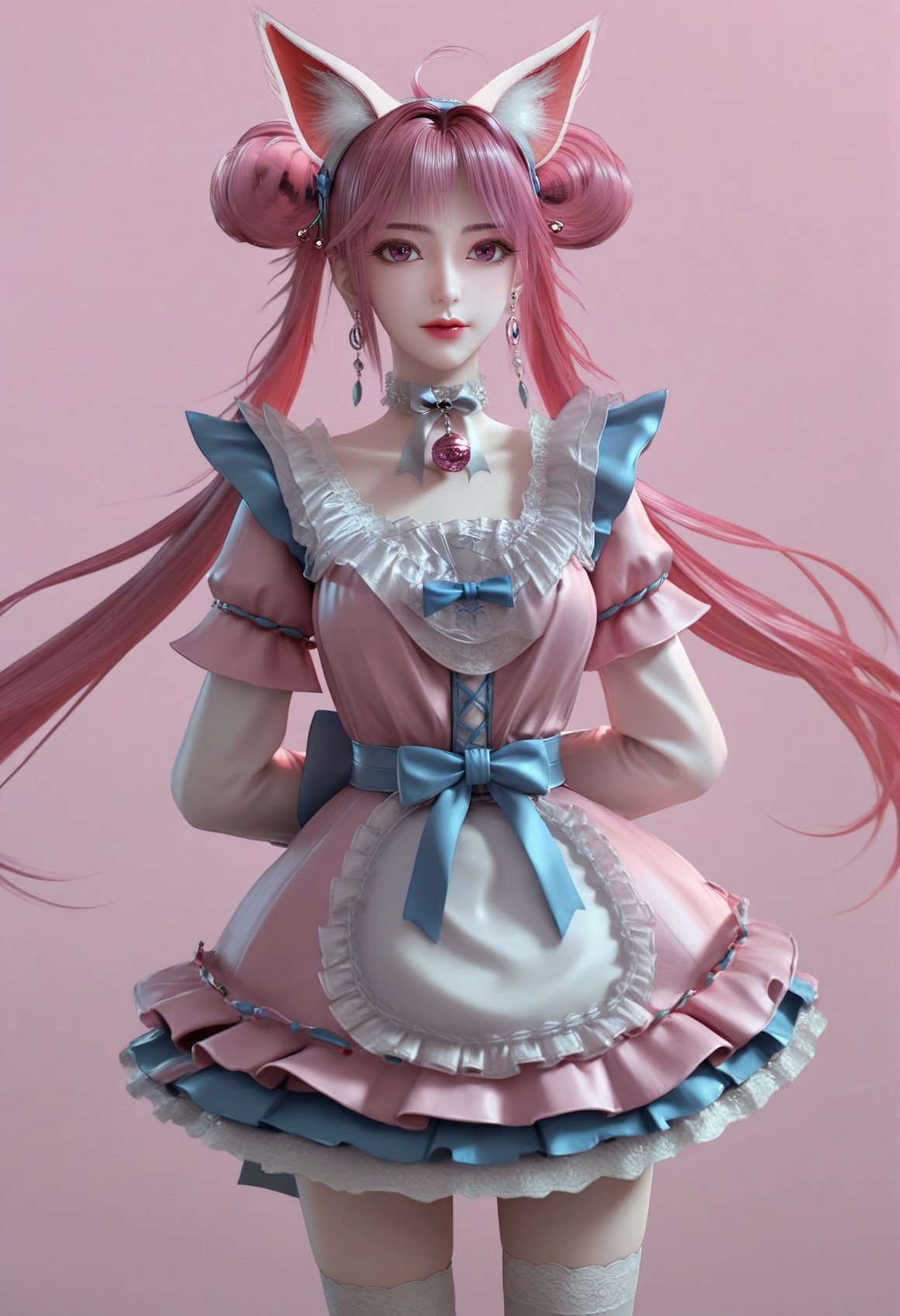 (score_9),<lora:小狸-Apony:0.86>,xiaohuli,solo,animal ear fluff,fox ears,double bun,long hair,twintails,pink hair,ahoge,hairband,earrings_ring,lipstick,choker,neck bell,frills,jewelry,earrings,maid dress,bow,belt,blue sash,thighhighs,white thighhighs,standing,<lora:perfect-eyes:0.8>,pink eyes,(((arms_behind_back))),(mature_female:1.1),mature,collarbone,<lora:e色温:0.5>,(white_skin),(fair_skin),<lora:e肤色滑块:0.5>,front view,light blush,simple background,(huge filesize:1.1),(wallpaper:1.1),(game cg:1.1),rim light,pink background,<lora:Expressive_H:0.8>,<lora:detailed_notrigger:1>,<lora:皮肤凹痕:1.2>,<lora:身材滑块:1>,
