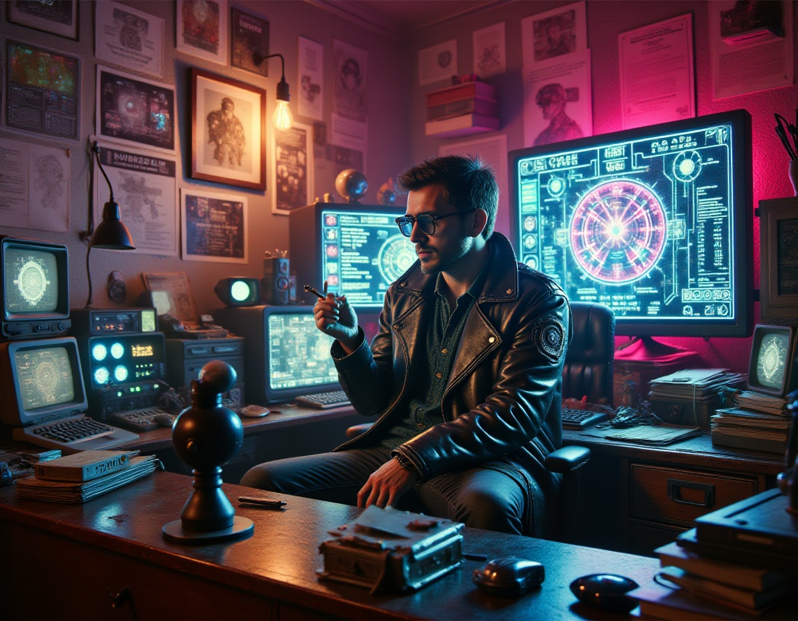 photography of a p.i. in his bureau smoking a cigarette,  neon lights,  cyberpunknoirlora on Tensor.Art