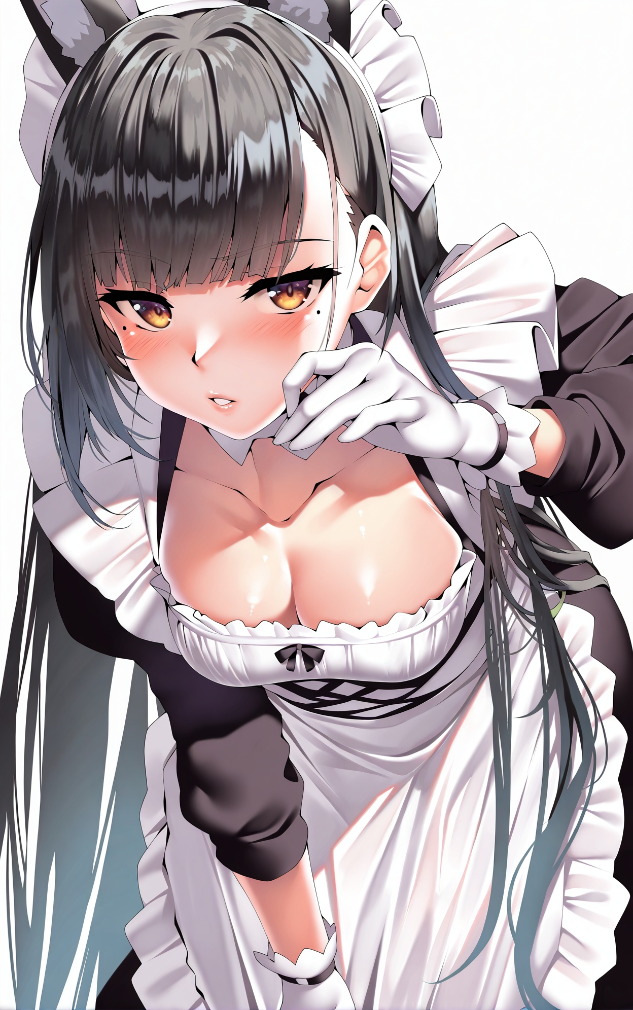 kawai,Simple Flat Coloring,sketch,line,simple background,white background,Hoshimi Miyabi,1girl,solo,Character front,maid costumes,gloves,wake,ornament,looking at viewer,black dress,White apron,simple background,rabbit,solo,white gloves,parted lips,collarbone,standing,leaning forward,face detail,masterpiece,best quality,absurdres,very aesthetic,collarbone,mole_under_eye,masterpiece,best quality,amazing quality,very aesthetic,absurdres,newest,gradient hair,