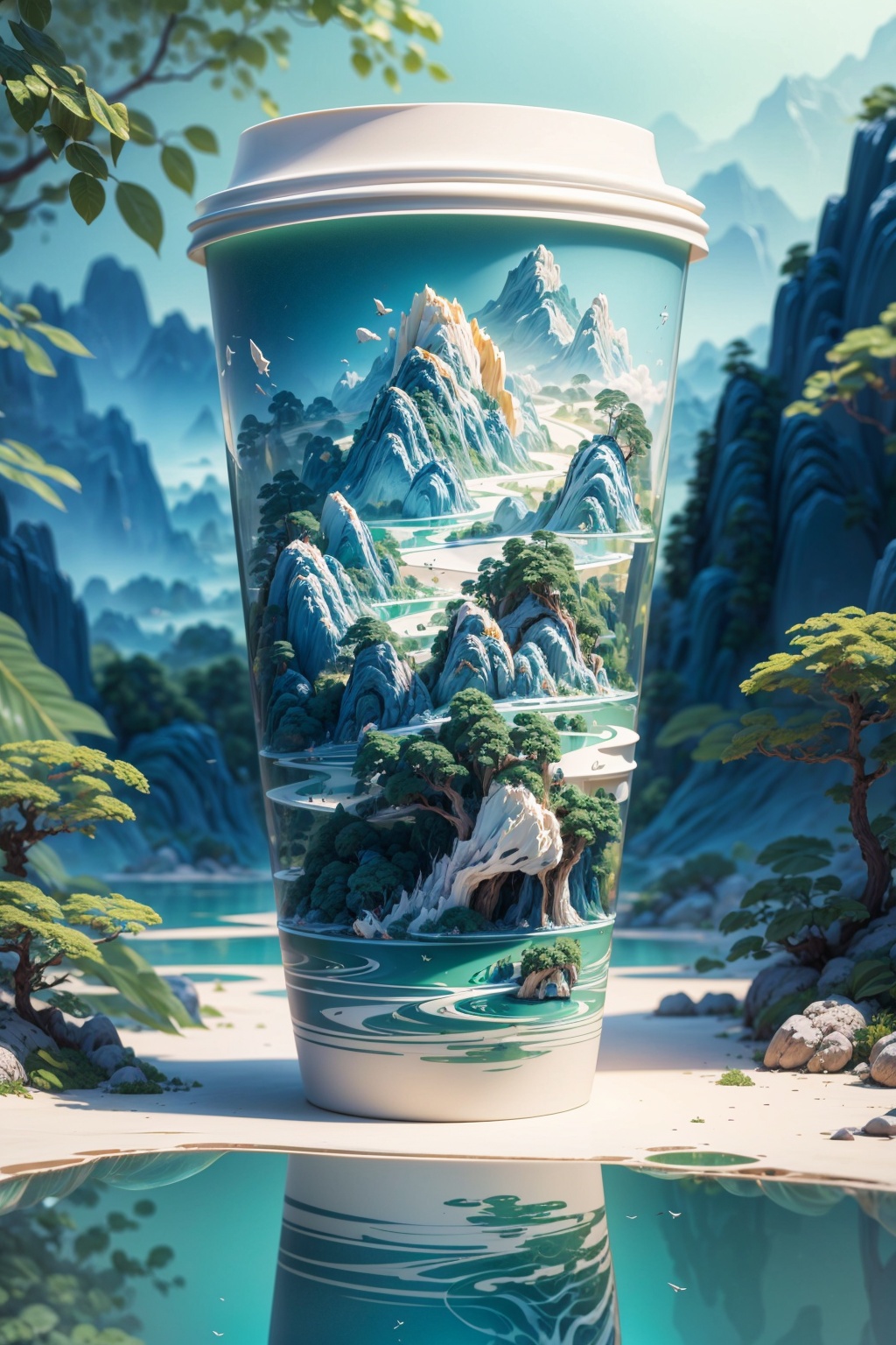 (Masterpiece, high quality, best quality, official art, beauty and aesthetics: 1.2),Paper cups surrounded by emerald landscapes, milky white transparent water, Chinese three-dimensional landscape painting, Chinese Song Dynasty landscape painting, blue theme, surrealist dream style, cream organic fluid, light tracing, foreground occlusion, natural light, jungle, c4d, OC rendering, product photography