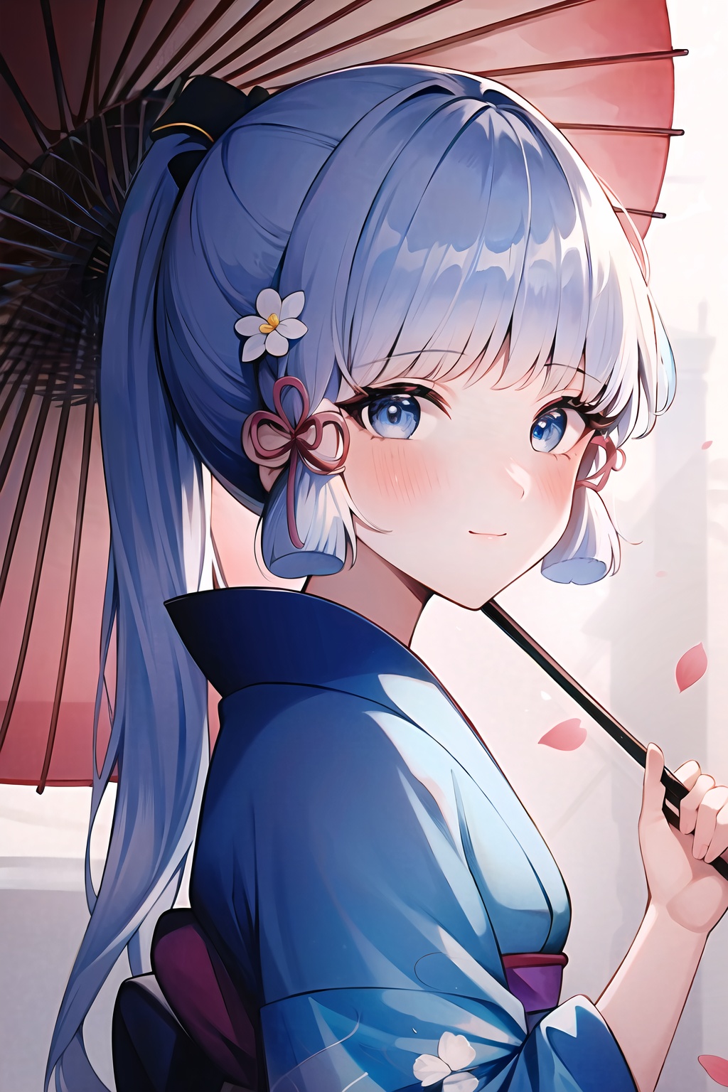 (masterpiece, best quality:1.2),insanely detailed,absurdres,ultra-highres,ultra-detailed,best quality,slender,kawaii,perfect symmetrical face,ultra cute girl,ultra cute face,ultra detailed eyes,ultra cute,ultra beautifu,<lora:kamisato ayakaV2-000006:1>,kamisato ayaka,1girl,japanese clothes,solo,kimono,grey eyes,hair ornament,smile,blue kimono,umbrella,bangs,ponytail,looking at viewer,blush,oil-paper umbrella,blue hair,holding,blunt bangs,holding umbrella,hair flower,long hair,from side,floral print,flower,upper body,petals,
