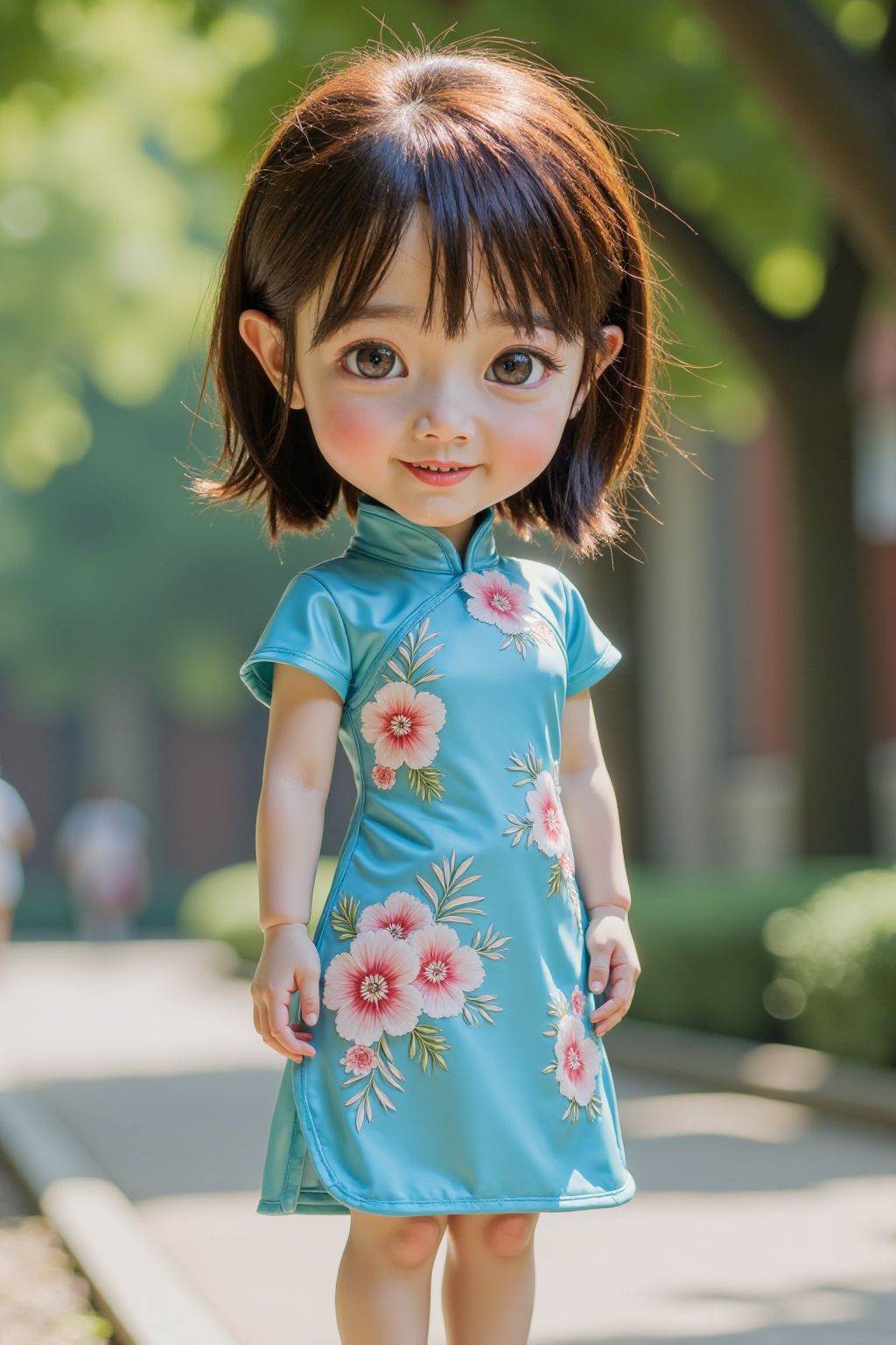 HDR photo of cinematic film still 1girl, solo, looking at viewer, smile, brown hair, dress, brown eyes, standing, full body, outdoors, blurry, blue dress, chinese clothes, floral print, child, china dress, blue footwear, realistic, female child, photo background, chibi, . shallow depth of field, vignette, highly detailed, high budget, bokeh, cinemascope, moody, epic, gorgeous, film grain, grainy . High dynamic range, vivid, rich details, clear shadows and highlights, realistic, intense, enhanced contrast, highly detailed