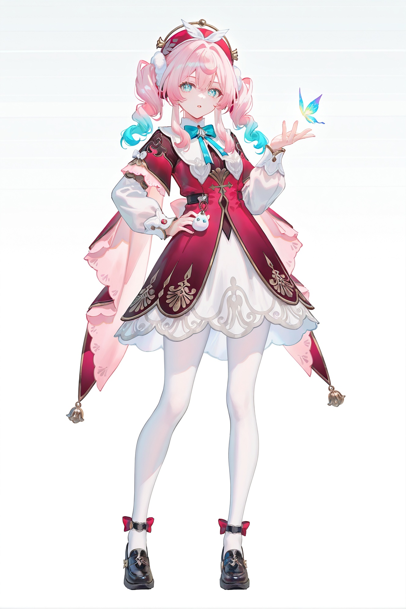 8k,best quality,masterpiece,(ultra-detailed),(high detailed skin),((artist:reoen),(artist:fuzichoco),(artist:atdan),(artist:torino_aqua),year 2024:0.8)1girl,[artist:wlop],[artist:ningen_mame],artist:ciloranko,[[artist:rhasta]],artist:tidsean,colorful,full body,full shot,standing,looking at viewer,(solo:1.2),simple background,(white background:1.2),hand on own hip,(white background:1.1),<lora:fenjin-ill-Tanger-000014:0.8>,hyacine \(honkai: star rail\),clothes: hyacine def red and white dress,red beret,1girl,pink hair,black footwear,white pantyhose,