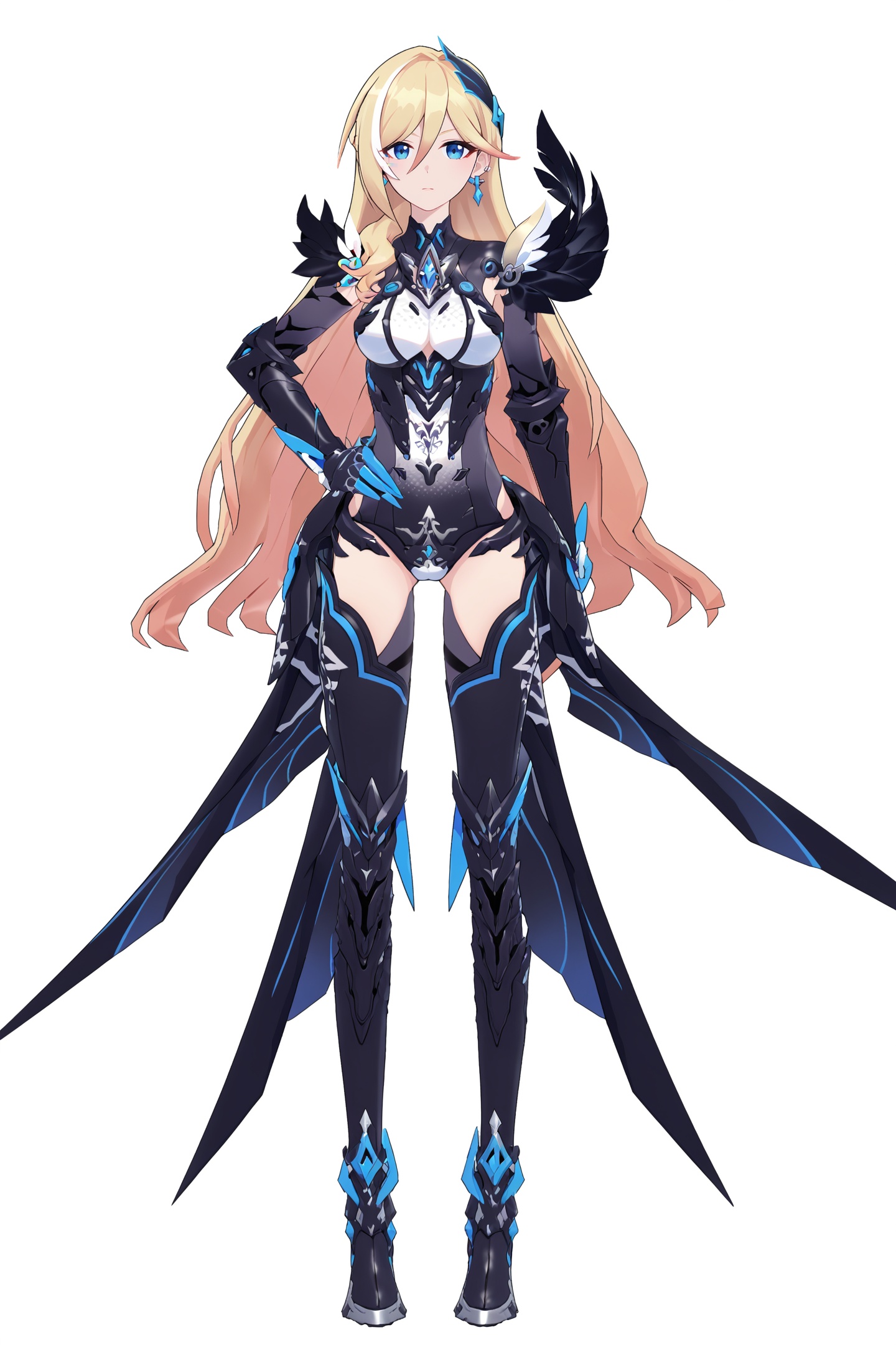 score_9,score_8_up,score_7_up,score_anime,8k,best quality,masterpiece,(ultra-detailed),(high detailed skin),(by nanoless, by misumi \(macaroni\),:0.5),<lora:YLI 0.1v:0.25>,<lora:style1:0.25>,A full-body portrait of a young girl,standing gracefully,pastel art style,high-key lighting,shoujo manga influence,hd quality,delicate details,full body,full shot,standing,looking at viewer,(solo:1.2),simple background,white background,hand on own hip,Digital Deconstruction,Glitch Art,<lora:Durandal-PalatinusEquinox-pony-Tanger:0.8>,Durandal \(Palatinus Equinox\) dark,clothes: black style armor suit,black style thigh boots,black style Durandal,black Feather decoration on the right shoulder,1girl,blonde hair,long hair,blue eyes,breasts,earrings,elbow gloves,jewelry,single left black mechanical wing,single wing,