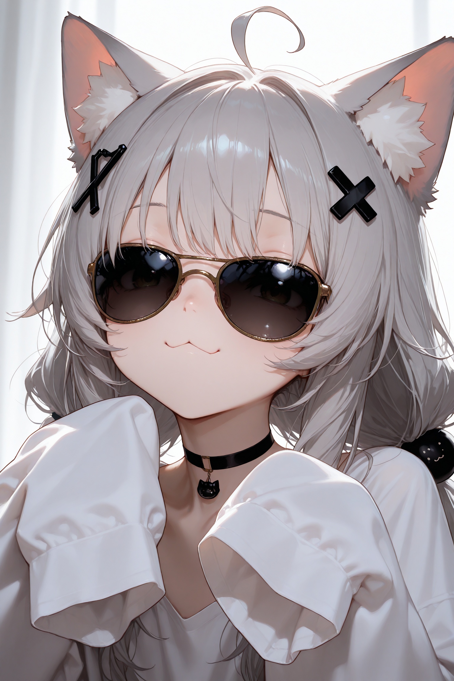 masterpiece,best quality,amazing quality,very aesthetic,absurdres,newest,1girl,solo,long hair,bangs,shirt,hair ornament,animal ears,white shirt,ahoge,grey hair,choker,virtual youtuber,cat ears,sleeves past wrists,:3,black choker,sunglasses,cat girl,portrait,sleeves past fingers,