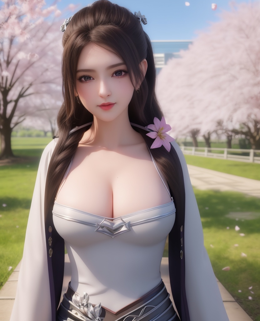 <lora:569-DA-星辰变-朔燕:0.8>(,1girl, ,best quality, ),looking at viewer,  ultra detailed background,ultra realistic 8k cg,ultra detailed 8k cg,masterpiece,upper body,  (( , )),, ,science fiction,mole, ultra realistic 8k cg, ,    ,outdoors, sun,sunlight, cherry blossoms,      (cleavage), (),