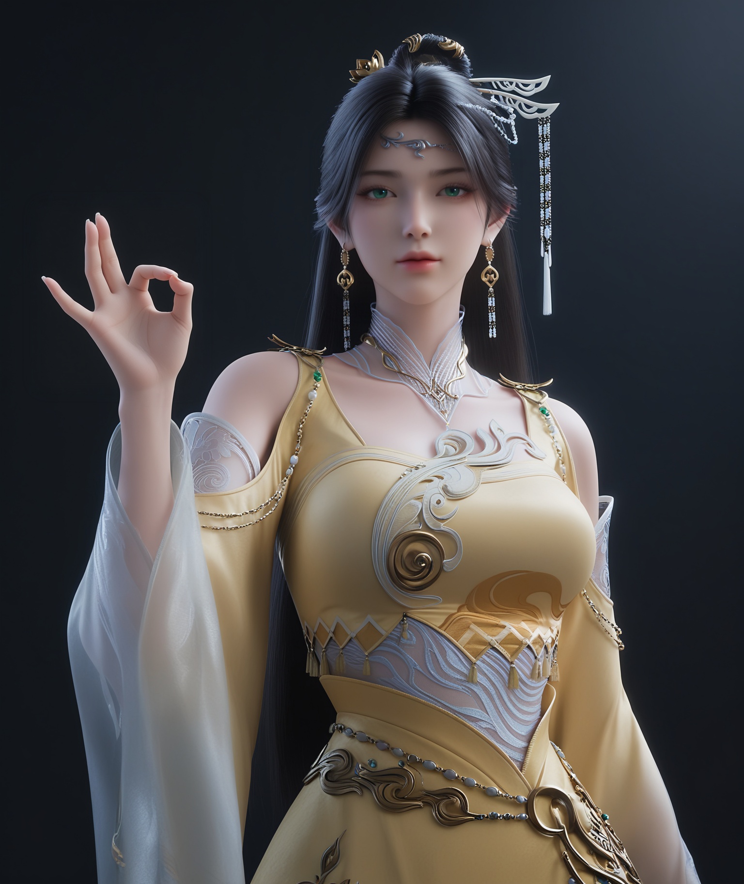 masterpiece,best quality,absurdres,highres,BREAK(glamor:1.1),slender,1girl,solo,<lora:金瓶儿-ill:0.82>,jingpinger,long hair,black hair,hair ornament,earrings,jewelry,green eyes,shoulder cutout,wide sleeves,yellow dress,see-through,looking at viewer,front view,standing,(ok_sign),upper body,BREAKsimple background,black background,rim light,Tyndall effect,Volumetric Lighting,Cinematic Lighting,realistic,depth of field,