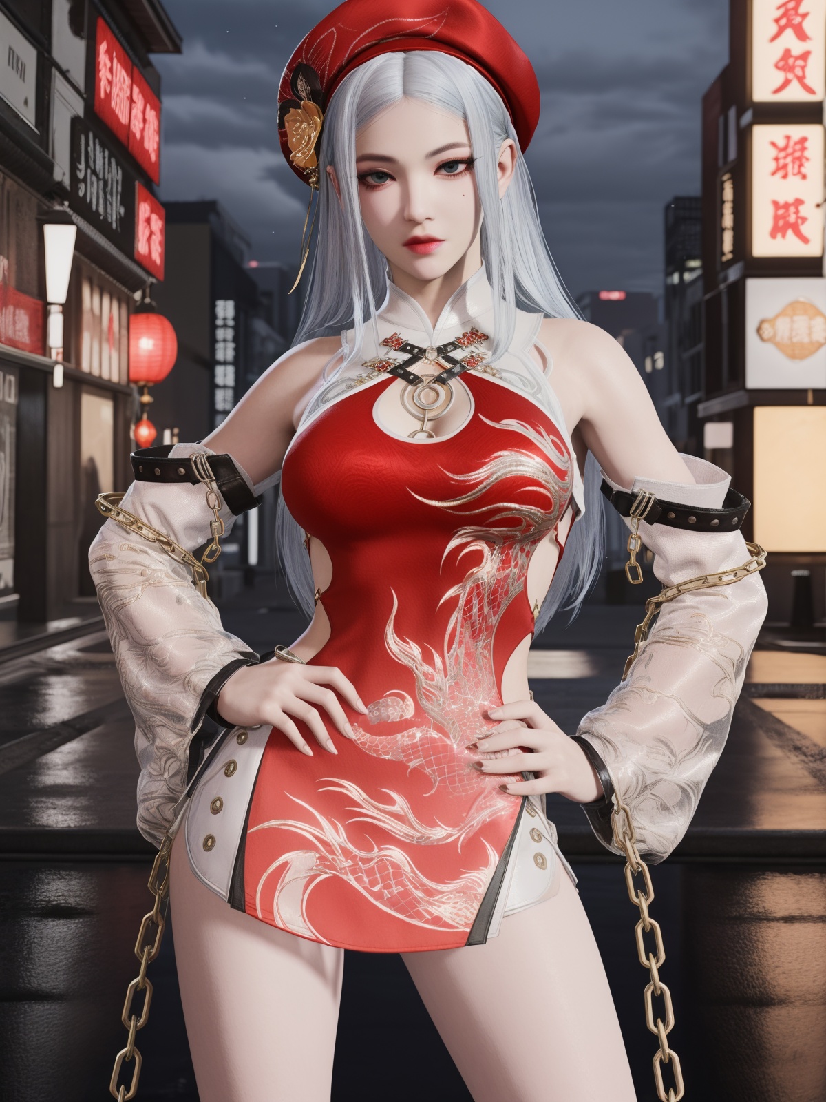 YJWJjiyingyingDHSC, 1girl, solo, boots, dress, hat, long hair, chain, white hair, detached sleeves, black gloves, see-through, short dress, lips, clothing cutout, bare shoulders, chinese clothes,  <lora:YJWJjiyingyingDHSC:0.75>,cityscape, night, hand on hip, mole under eye,blue eyes,beret,eyelashes, 