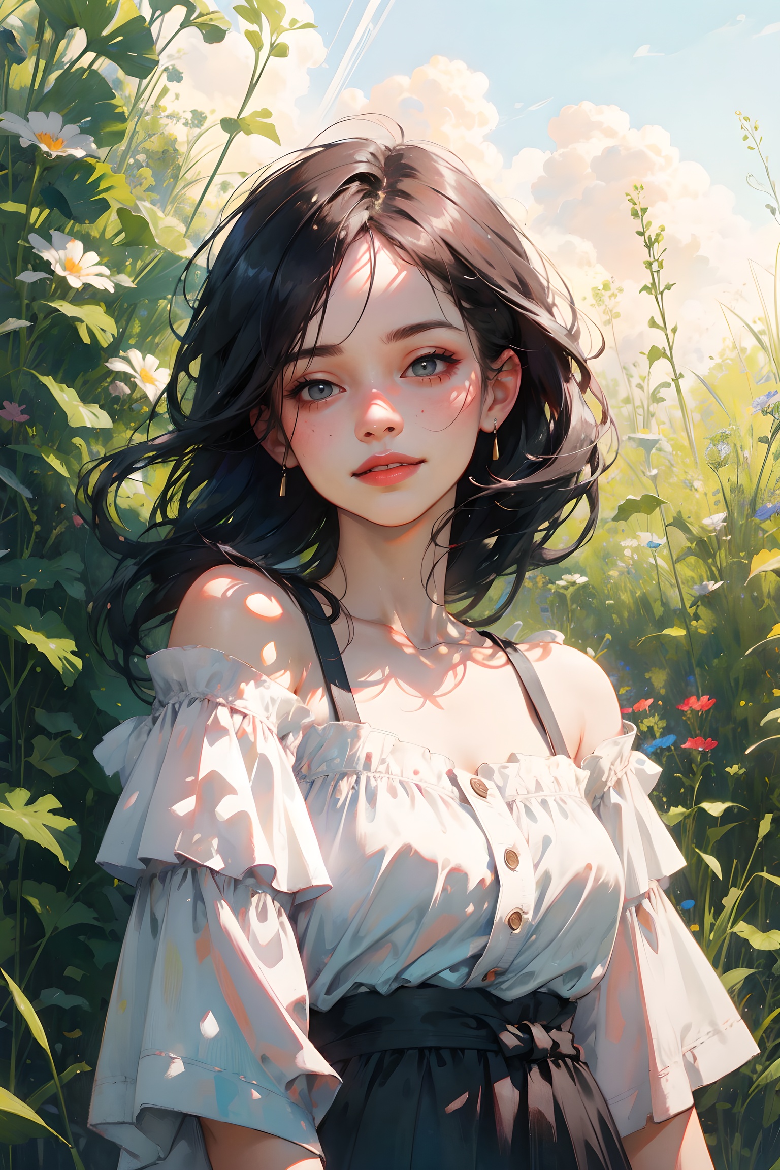 1girl, offshoulder, smile, cute, waist up, deep shadow, in the dark, low key.best quality, masterpiece, (photorealistic:1.4) .