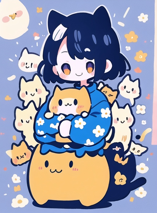 <lora:zgmaomao_V2-000013:1>,1girl,zgmaomao,Blue T-shirt,cat,(black hair:0.9),smile,short s000013ves,short hair,cat ears,Holding the cat,solo,floral print,full-size photograph,