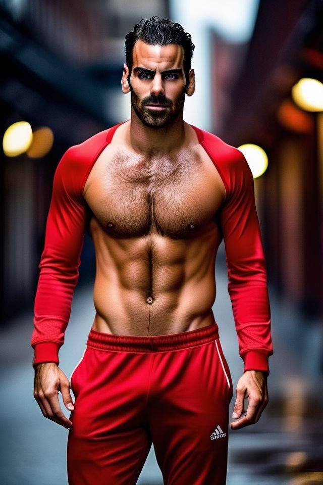 Sacha Baron Cohen a man ,  realistic photo in a worn ((skin-revealing skimpy erotic red tracksuit,  massive hairy pecs)) o...