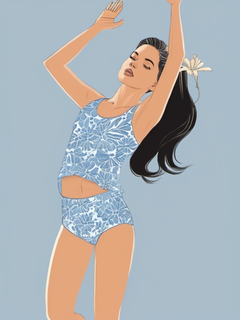 1NK ,  ,  The image a black and white illustration of a young woman in a sports bra and shorts. She is standing with her a...