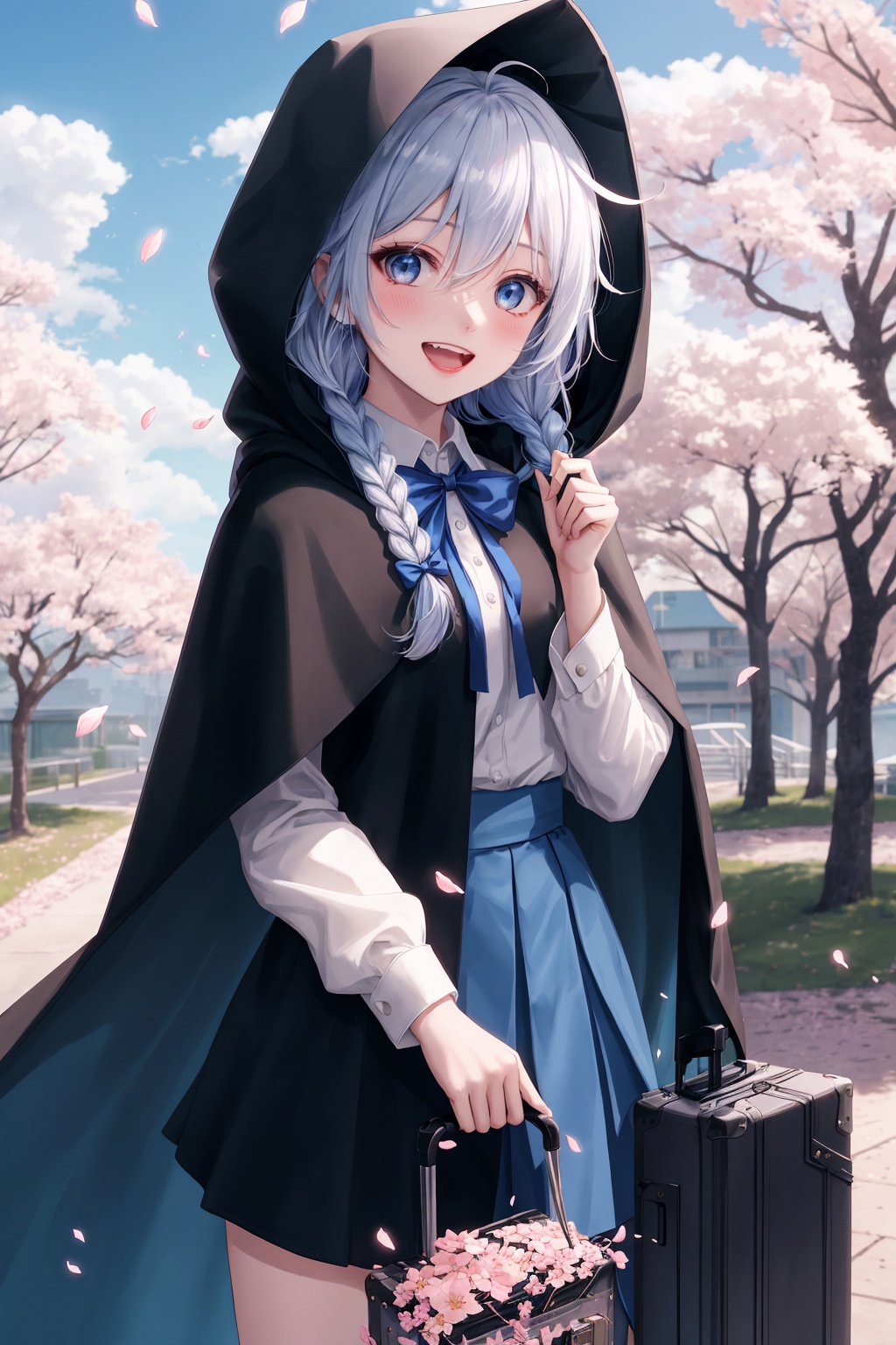 masterpiece,best quality,high quality,loli,chromatic_aberration,Light Blue Theme,//,1girl,butterfly,elaina (majo no tabitabi),bug,shirt,solo,white hair,white shirt,outdoors,skirt,long hair,smile,tree,cover image,braid,flower,cloak,ahoge,blue butterfly,blue skirt,open mouth,holding,looking at viewer,bow,collared shirt,teeth,blush,hood,long sleeves,suitcase,hooded cape,day,upper teeth only,hood down,hair between eyes,petals,blue eyes,sky,high-waist skirt,blue sky,black cloak,hooded cloak,purple eyes,ribbon,black cape,cherry blossoms,:d,falling petals,standing,pink flower,cloud,shirt tucked in,cape,cowboy shot,white bow,blue cloak,holding suitcase,hair bow,novel cover,white flower,side braid,single braid,//,year_2023,year_2024,//,official art,depth of field,detailed light,blurry background,cinematic lighting,ray tracing,amazing quality,very aesthetic,absurdres,beast quality,ultra detailed,