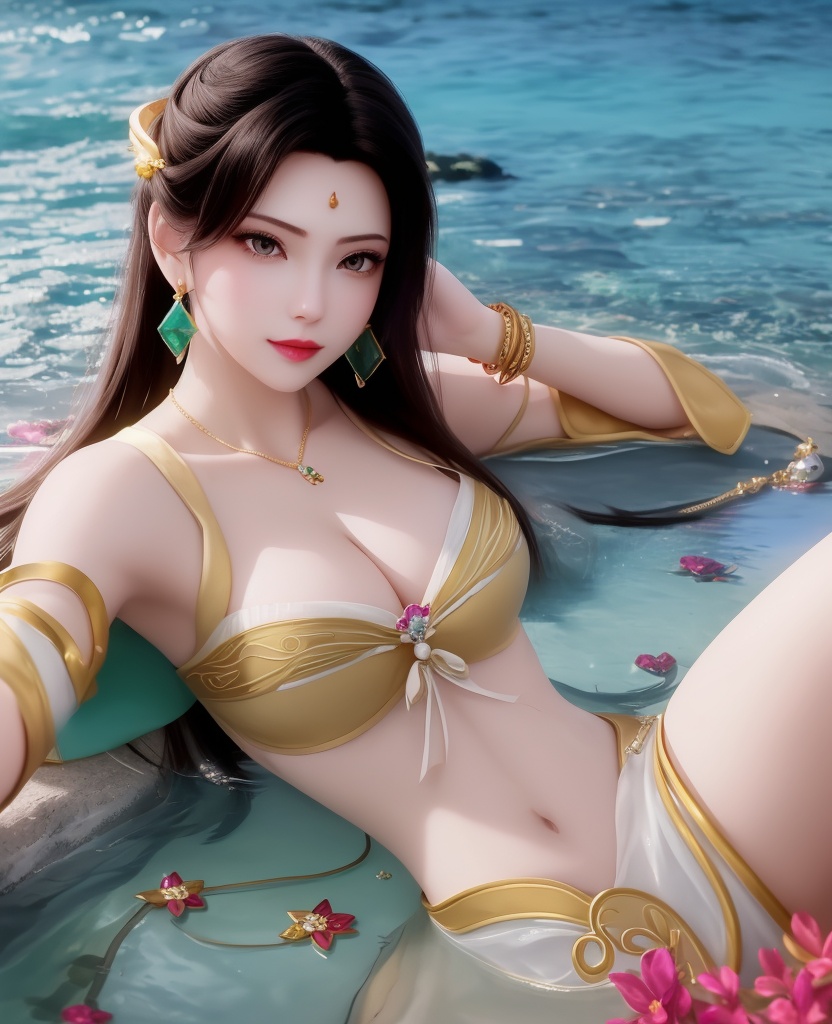 <lora:614-DA-炼气十万年-朴灵儿:0.8>(,1girl, ,best quality, ),looking at viewer,masterpiece, ((((1girl, solo, , ,solo focus, lying on water, )))) (cleavage), (), ,ultra realistic 8k cg,   clean, masterpiece,     (( , )),,  , unreal, science fiction, luxury, jewelry, diamond, gold, pearl, gem, sapphire, ruby, emerald, intricate detail, delicate pattern, charming, alluring, seductive, erotic, enchanting, hair ornament, necklace, earrings, bracelet, armlet,halo,(cleavage),, (),