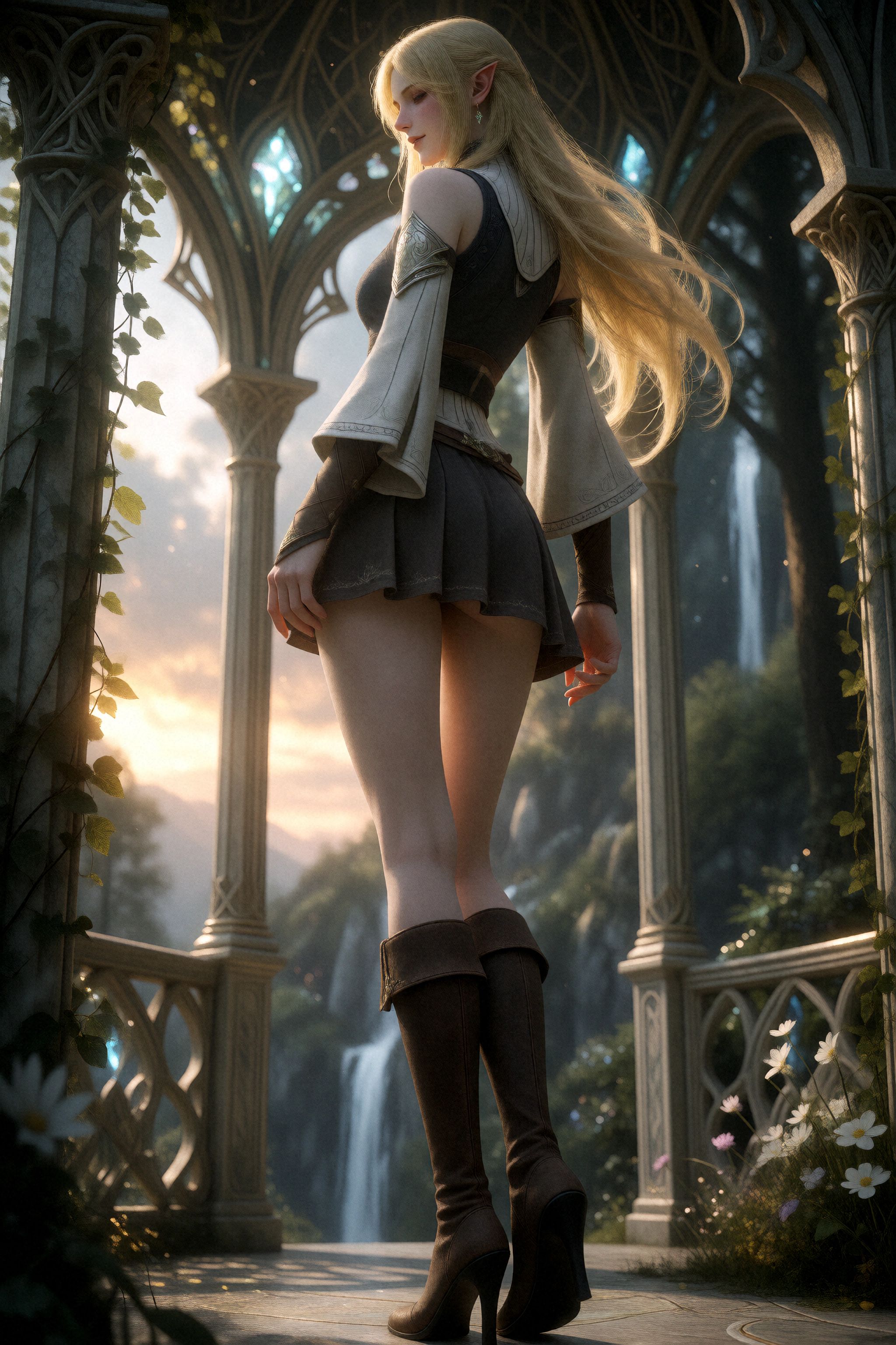 A photograph of Female Elf wearing a blouse,  skirt and brown high heel leather ankle boots standing with her back towards...