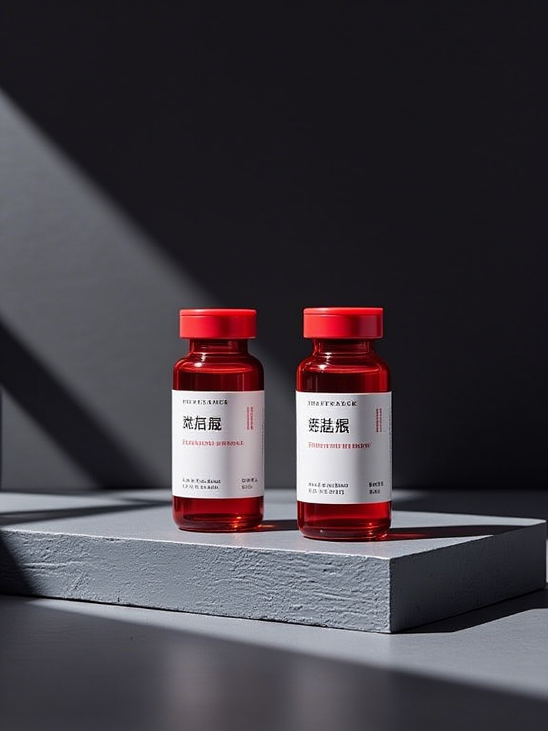 mzsas,two red glass vials with white labels, featuring black Chinese characters and English text, on a grey, textured platform against a dark grey background. The vials are placed at different angles, casting subtle shadows. The labels indicate the vials contain "SHAN A SHAN" extracts. The overall style is minimalist and modern.<lora:S-T-商业美妆-S1.4:1>