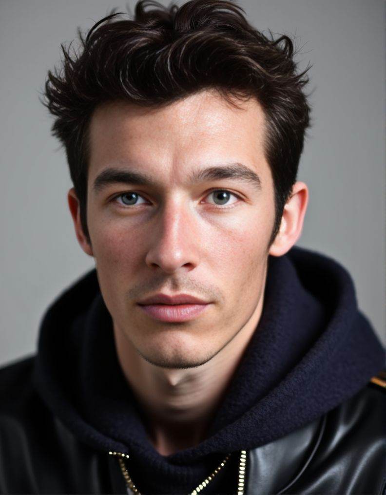 Callum Turner ,  posing confidently at during a portrait photoshoot. The scene is focused on a headshot. intense gaze and...