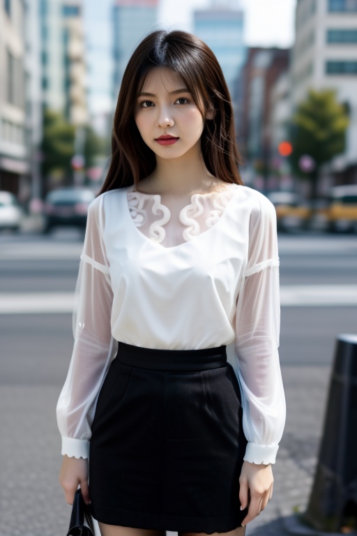 1girl,Embroidered mesh blouse with a scalloped hem and long sheer sleevesDystopian Cityscape Billboard,Whispering Breeze,Quantum Entanglement,Shopping District,HWGIRL,<lora:Hwgirl_V02:0.8>,