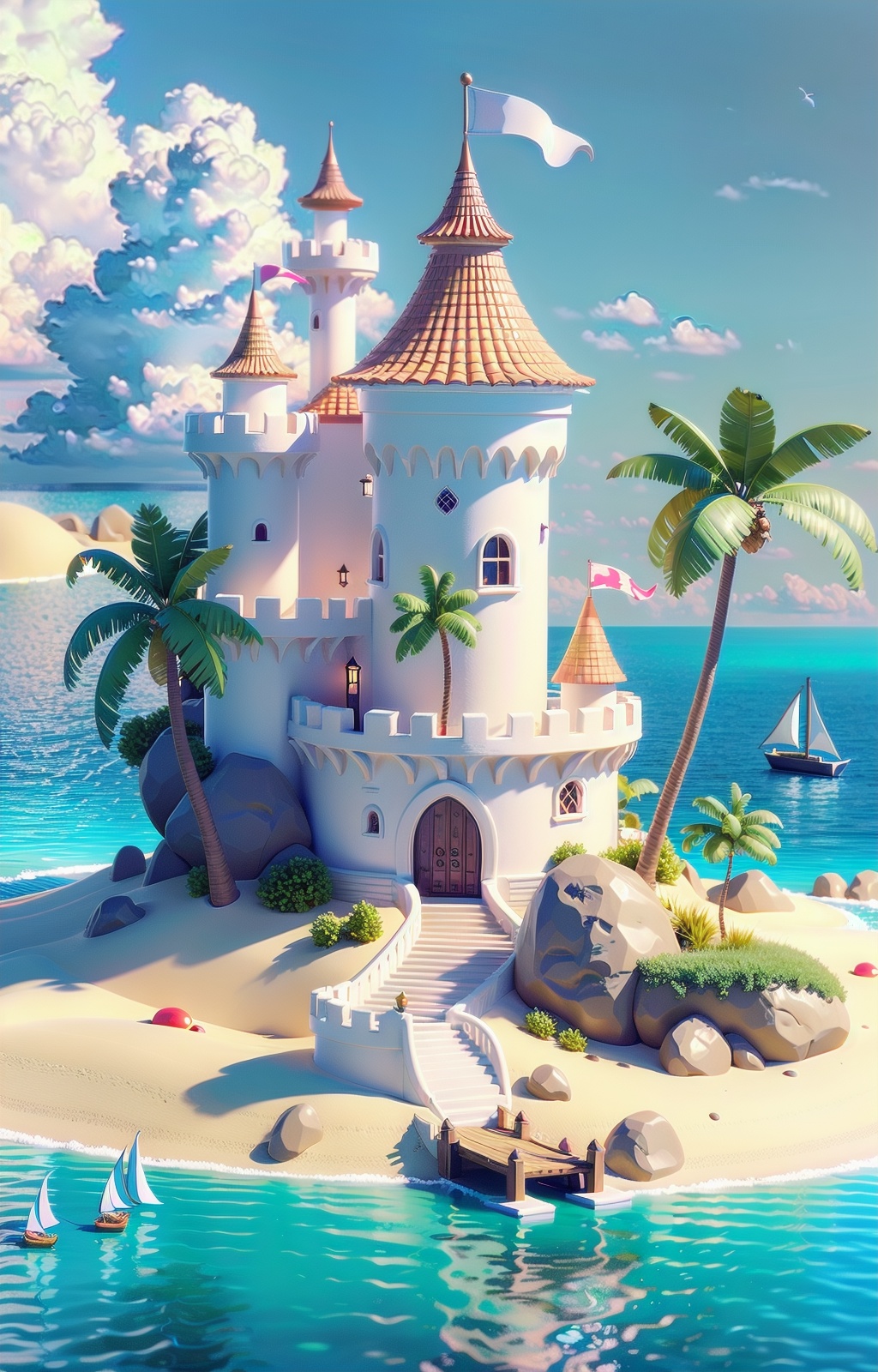 tree,outdoors,palm tree,no humans,day,sky,scenery,boat,cloud,sand,Sandcastle,ocean,Clay material,3D rendering,
