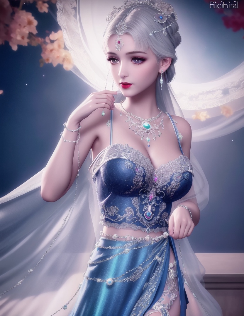 ultra realistic 8k cg, picture-perfect face, flawless, clean, masterpiece, professional artwork, famous artwork, cinematic lighting, cinematic bloom, perfect face, beautiful face, fantasy, dreamlike, unreal, science fiction, huge breasts, beautiful clothes, lace, lace trim, lace-trimmed legwear, (rich:1.4), prestige, luxury, jewelry, diamond, gold, pearl, gem, sapphire, ruby, emerald, intricate detail, delicate pattern, charming, alluring, seductive, erotic, enchanting, hair ornament, necklace, earrings, bracelet, armlet,halo ((,1girl:1.5,   solo, ))<lora:DA_NikkiChangEr2.0:0.6>