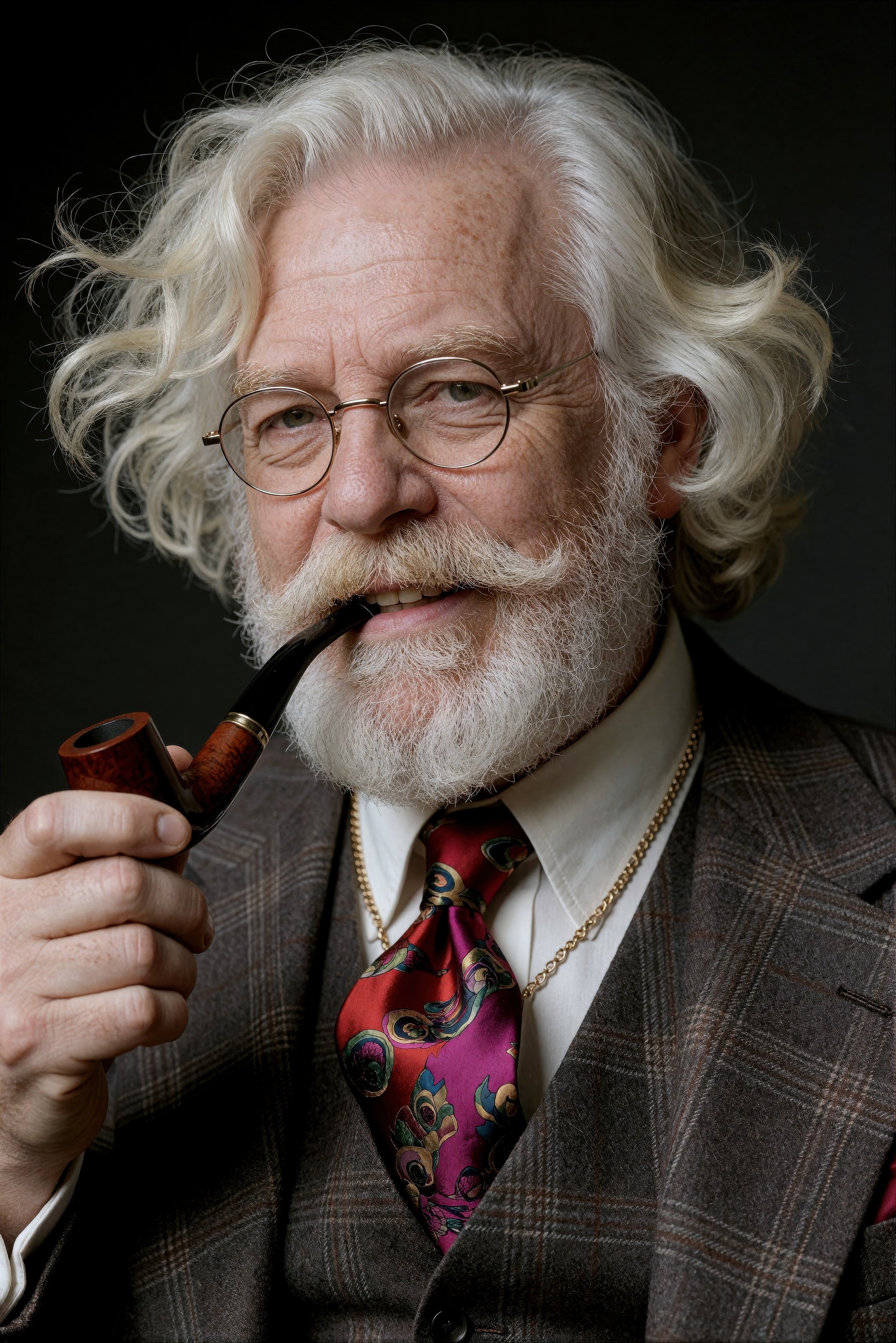 A close-up portrait of an older man with a thick,  voluminous,  windswept silver and gray hairdo and a full on Tensor.Art