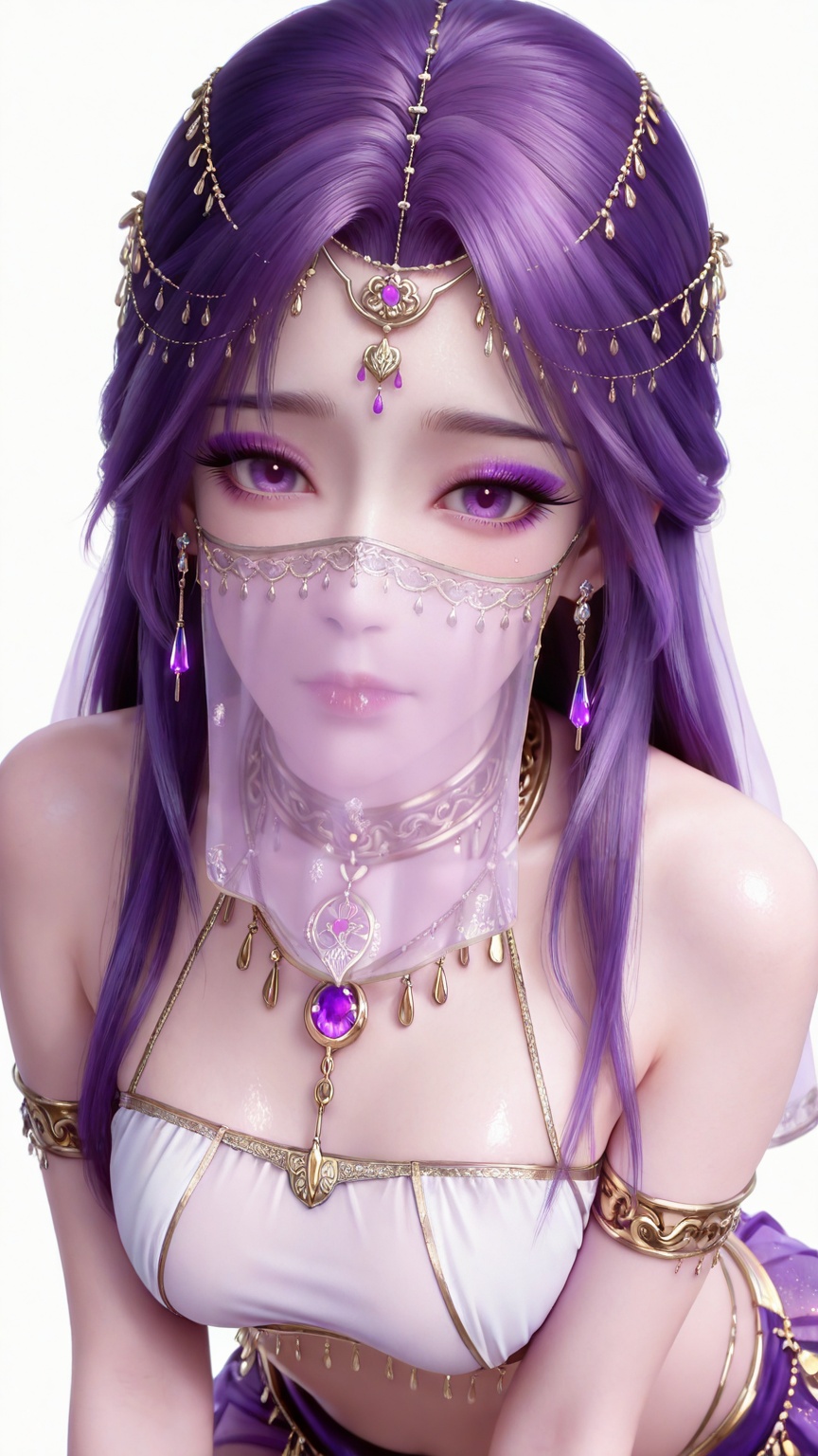 masterpiece,high quality,tall,game cg,highres,(soft light:1.2),white_skin,(shiny_skin:0.6),(realistic:1.1),glitter,<lora:云曦·衣服百搭款·化妆:0.8>,yunxi,1girl,solo,purple hair,purple eyes,white background,long hair,jewelry,earrings,hair ornament,looking at viewer,simple background,eyelashes,glitter,makeup,eyeshadow,purple eyeshadow,shiny eyeshadow,1girl,solo,veil,long hair,chain,mouth veil,jewelry,looking at viewer,necklace,arabian clothes,crop_top,skirt,harem outfit,25,simple background,white_background,collar top,