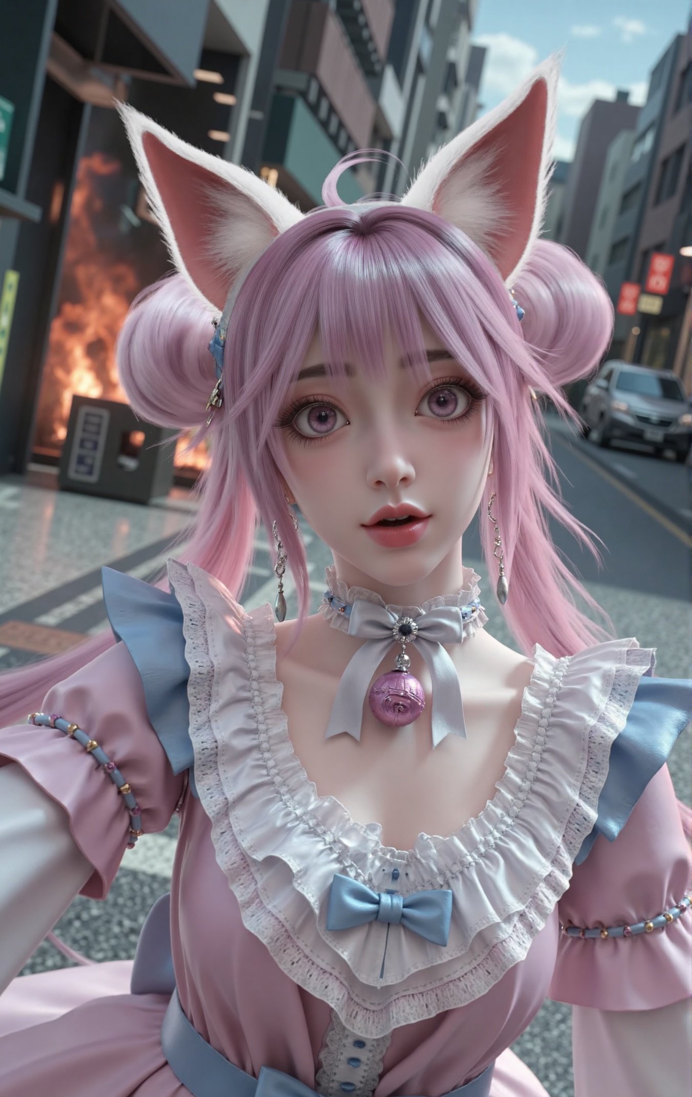 "Self-portrait of Xiaoli,a young woman with long lavender hair styled in twin buns and expressive eyes,pale skin,red lips,and pink-furred cat ears. She wears a frilly pink and blue maid outfit with white lace collar and cuffs. Taking a selfie with a shocked expression,one arm extended as if holding a camera or smartphone,in a running pose. The shot uses Dutch angle (tilted lens) and motion blur,adding unease and tension. Behind her is a chaotic city street with smoke and flames on the ground,scattered debris and garbage,but no other people. Clear and sunny sky casting bright light and sharp shadows.",