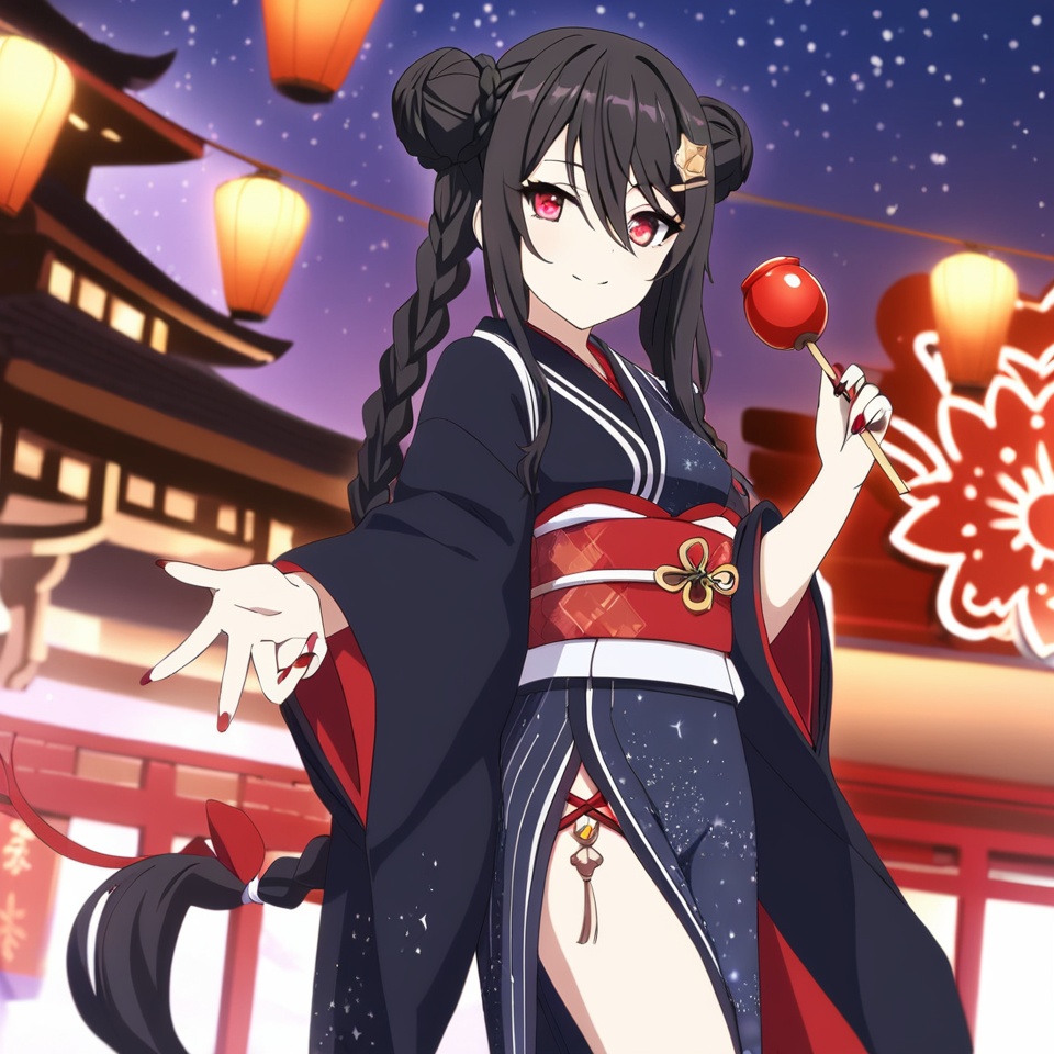 masterpiece,best quality,Amazing,(1girl),🖐️,extremely detailed CG unity 8k wallpaper,illustration,finely detail,Depth offield,(beautiful detailed girl),beautiful detailed glow,(golden ratio),(beautiful detailed eyes),(beautiful detailed face),(beautiful detailed calf),beautiful detailed hands,aiming at viewer,(highres),small breasts,very long hair,disheveled black hair,(beautiful detailed clothes),(( bright red eyes)),long bangs,hairs between eyes,smile,solo,kimono,japanese_clothes,double_bun,hair_ornament,yukata,nail_polish,obi,hairclip,braid,holding candy_apple,firework,lighting,beautiful detailed sky,star sky,<lora:PCRcutain:0.8>,