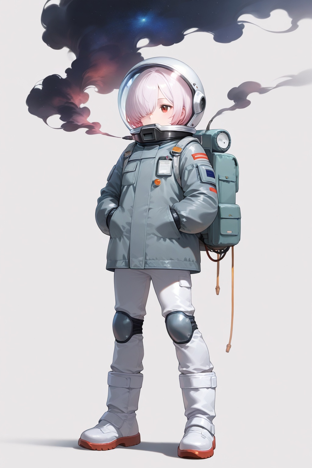 1girl,solo,white background,helmet,hands in pockets,simple background,boots,pink hair,full body,white footwear,smoke,hair over one eye,short hair,space helmet,white hair,personification,spacesuit,red eyes,long sleeves,covered mouth,grey jacket,