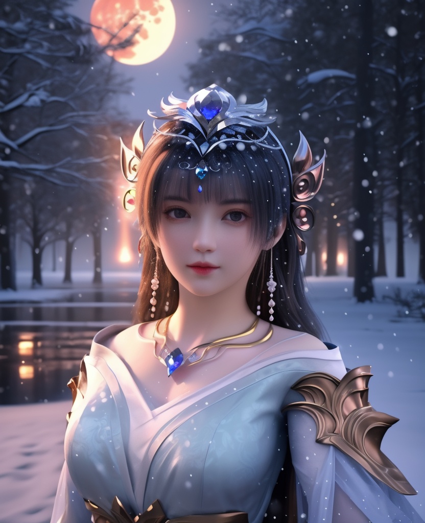 <lora:568-DA-星辰变-姜妍:0.8>(,1girl, ,best quality, ),looking at viewer,  ultra realistic 8k cg, picture-perfect face,   clean, masterpiece,     cinematic lighting, cinematic bloom, fantasy,  , unreal, science fiction, ((,1girl, pov,))(((,tree, 1girl, full moon,snowing,snow ,solo,     solo focus,  long_hair, looking_at_viewer,  )))  (rich:1.4,)     prestige, luxury, jewelry, diamond, gold, pearl, gem, sapphire, ruby, emerald, intricate detail, delicate pattern, charming, alluring, seductive, erotic, enchanting, hair ornament, necklace, earrings, bracelet, ,