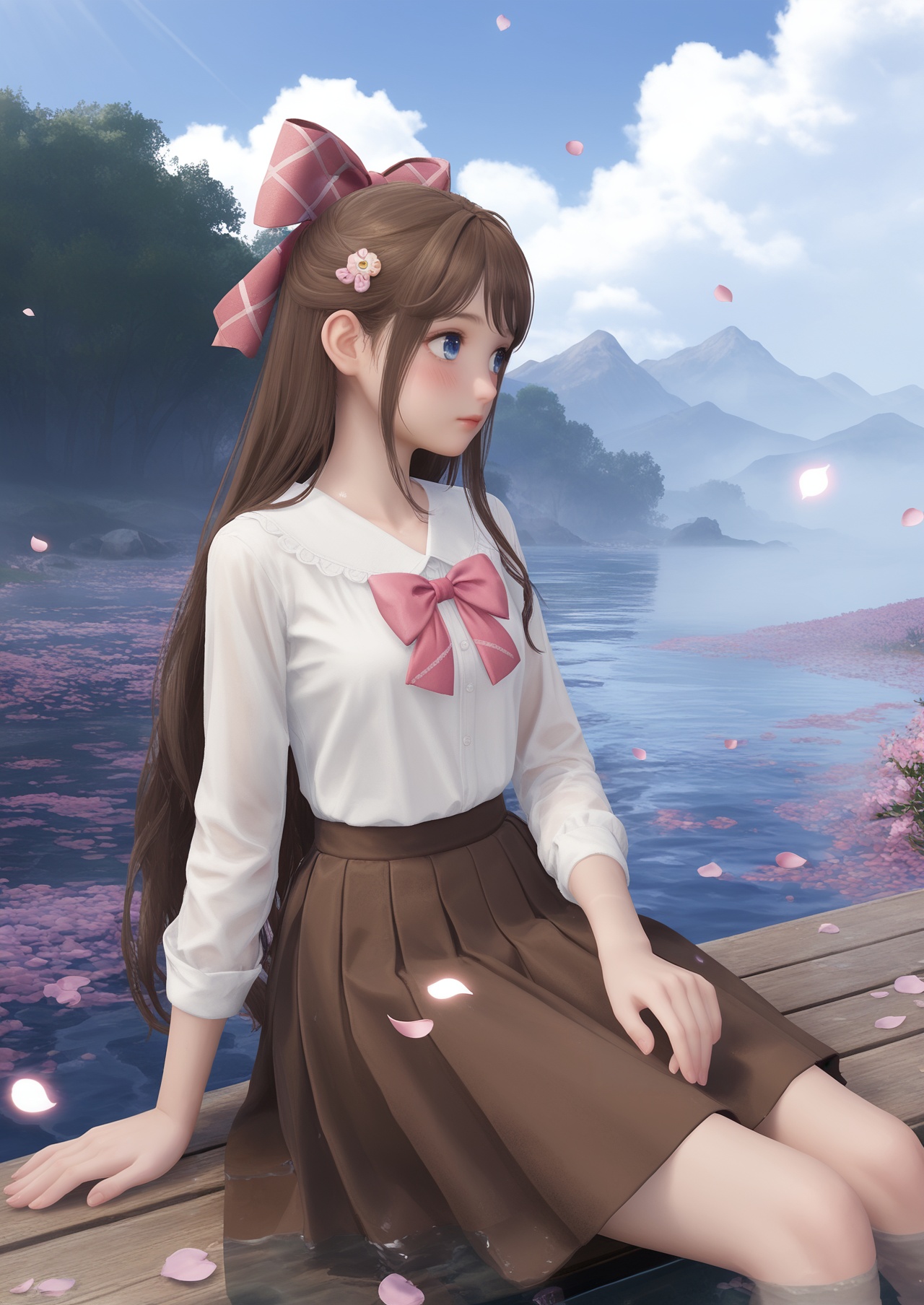 score_10,score_9,score_8_up,score_7_up,1girl,solo,soaking feet,long hair,blue eyes,hair bow,bow,sitting,water,pink bow,brown hair,skirt,blush,petals,day,sky,brown skirt,shirt,hair ornament,very long hair,cloud,looking to the side,outdoors,blue sky,white shirt,:o,