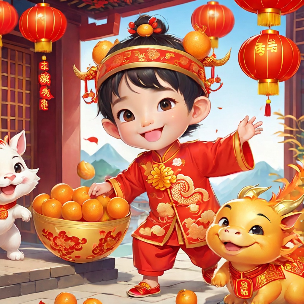 a cute boy, holding oranges and an equally charming "可爱的小龙," both celebrating Chinese New Year. Design the boy and the dragon with festive outfits and accessories, reflecting the holiday spirit. Use traditional Chinese New Year colors like red and gold in their attire. Depict them engaging in traditional New Year customs, such as giving and receiving oranges for good luck, with the little dragon playfully involved. Ensure the characters exude joy and enthusiasm for the Chinese New Year celebration.(poakl cartoon newyear style:1.5),best quality,masterpiece,<lora:poaklSDXLcartoonnewyearV2-000007:0.6>,