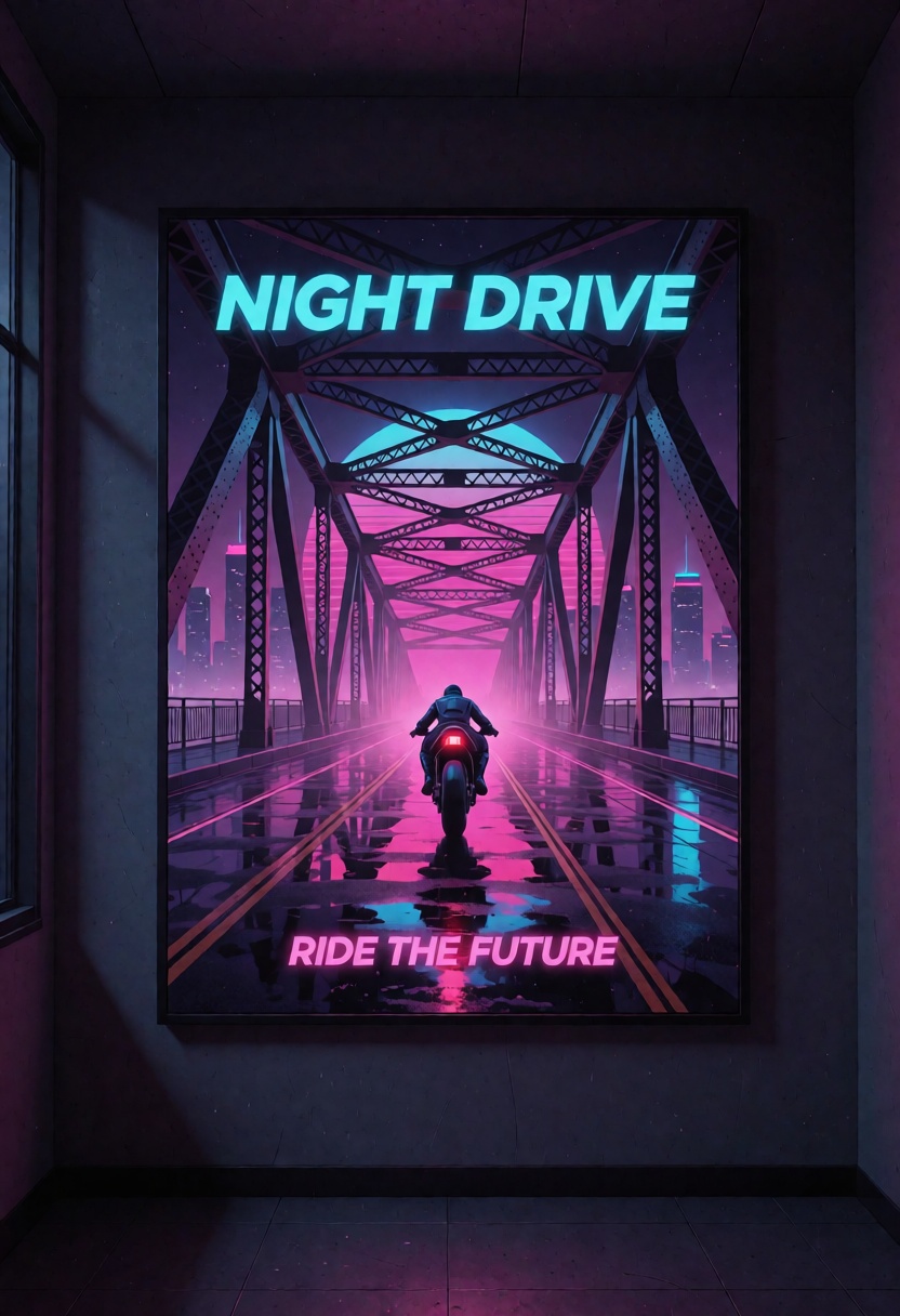 A highly detailed vertical synthwave poster mockup mounted on a dark interior wall,  viewed from inside a dim room,  with...