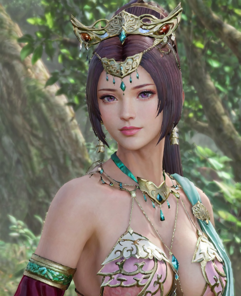 1girl, jewelry, solo, necklace, earrings, ponytail, upper body, hair ornament, long hair, lips, bare shoulders, nature, outdoors, looking to the side, armlet, tree, cleavage, forest, gem, tiara, day, circlet, looking at viewer, detached sleeves, <lora:diaochan_7:0.7>