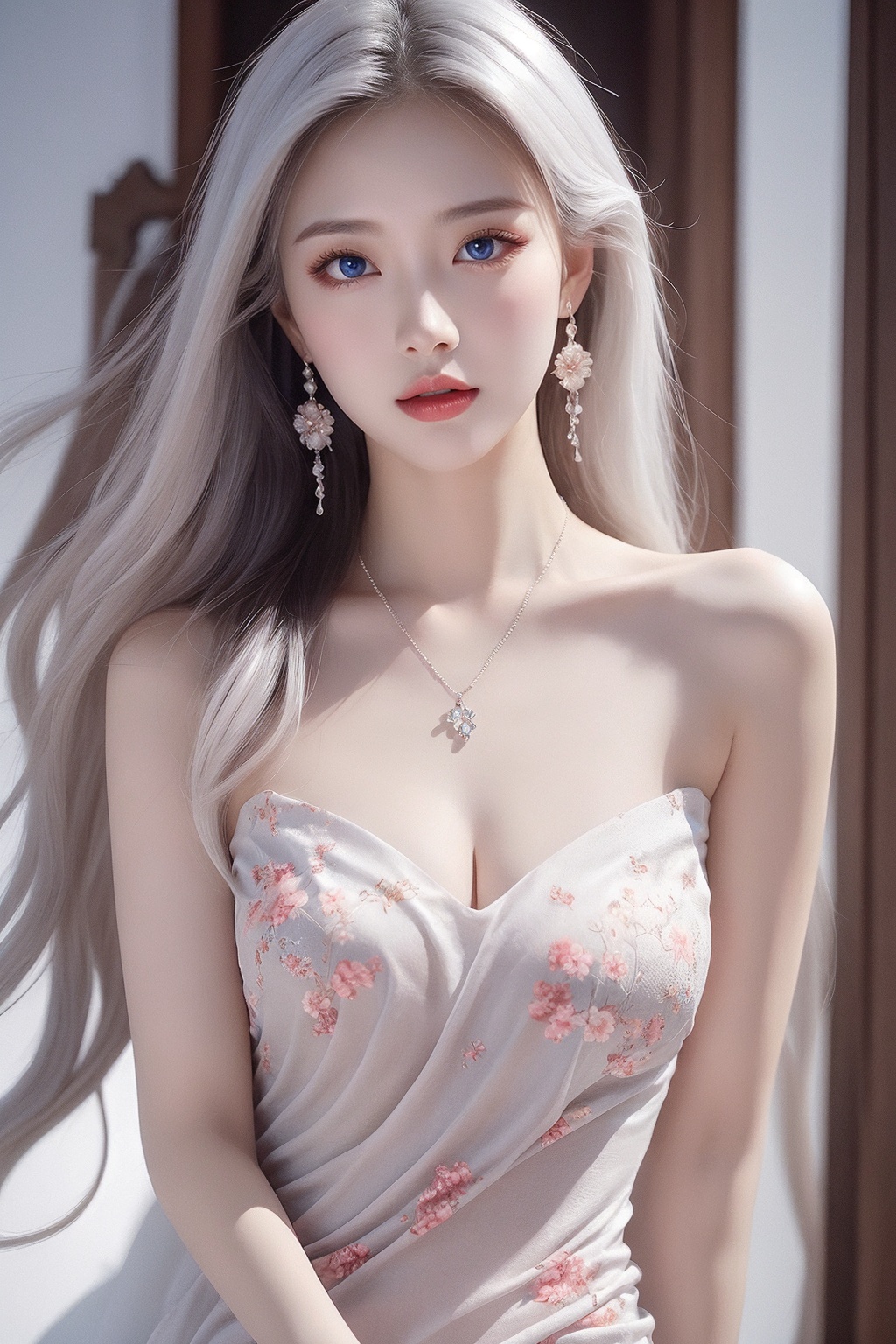 1girl, bare shoulders, blue eyes, bracelet, breasts, cleavage, dress, earrings, floral print, jewelry, long hair, looking at viewer, medium breasts, necklace, solo, very long hair, white hair <lora:美女:0.8>