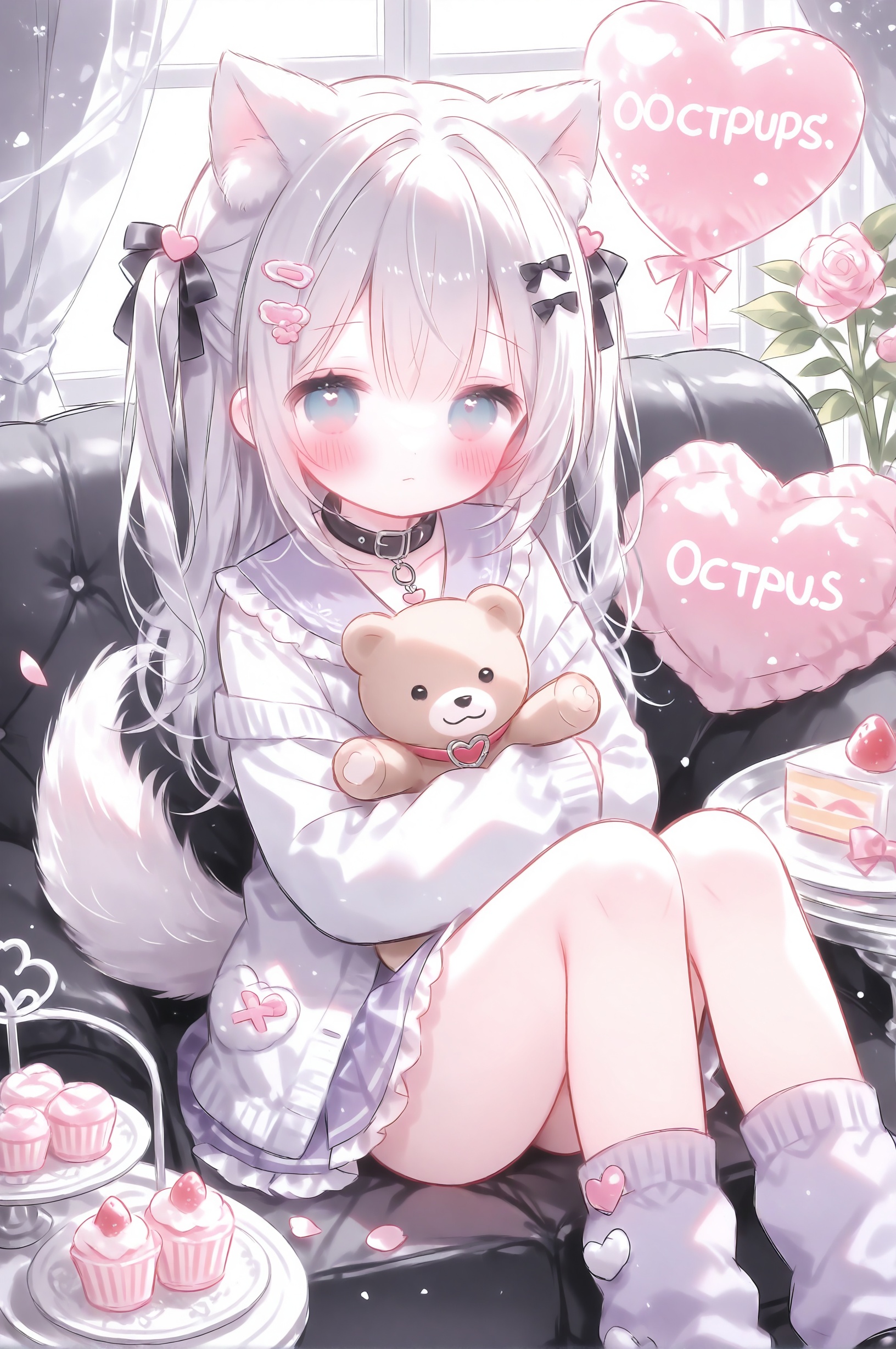 1girl, animal ears, macaron, food, blue eyes, balloon, hair ornament, dog ears, socks, stuffed toy, flower, looking at viewer, white hair, indoors, window, sitting, solo, skirt, dog, white socks, cake, collar, dog tail, heart balloon, long hair, dog girl, hair bow, stuffed animal, ribbon, bow, tail, rose, cupcake, blush, black bow, choker, pink flower, heart, heart hair ornament, twintails, white skirt, closed mouth, hair ribbon, hair between eyes, two side up, curtains, pleated skirt, animal ear fluff, shirt, frilled sailor collar, long sleeves, tiered tray, character doll, jacket, pink ribbon, purple socks, heart-shaped pillow, sailor collar, pink rose, picture frame, frills, hairclip, holding, animal collar, black choker, hugging object, pillow, table, holding stuffed toy, animal, crossed bangs, couch, hug, dessert, knees up, white shirt, gift, strawberry, x hair ornament, teddy bear, sweets, candy, hair flower, plant, dress, blue skirt, fruit, drawing (object), ice cream, loose socks, black collar, purple theme, wolf ears, cardigan, cushion, purple skirt, feet out of frame, grey hair, cake slice, on couch, hairpin, white theme, fur trim, purple shirt, aqua eyes, black ribbon, thighs, sidelocks, potted plant, blue hair, pastel colors, pastry, miniskirt, doll, animal hug, white dress, virtual youtuber, chair, petals,,<lora:lp31.p-000025:0.8>,